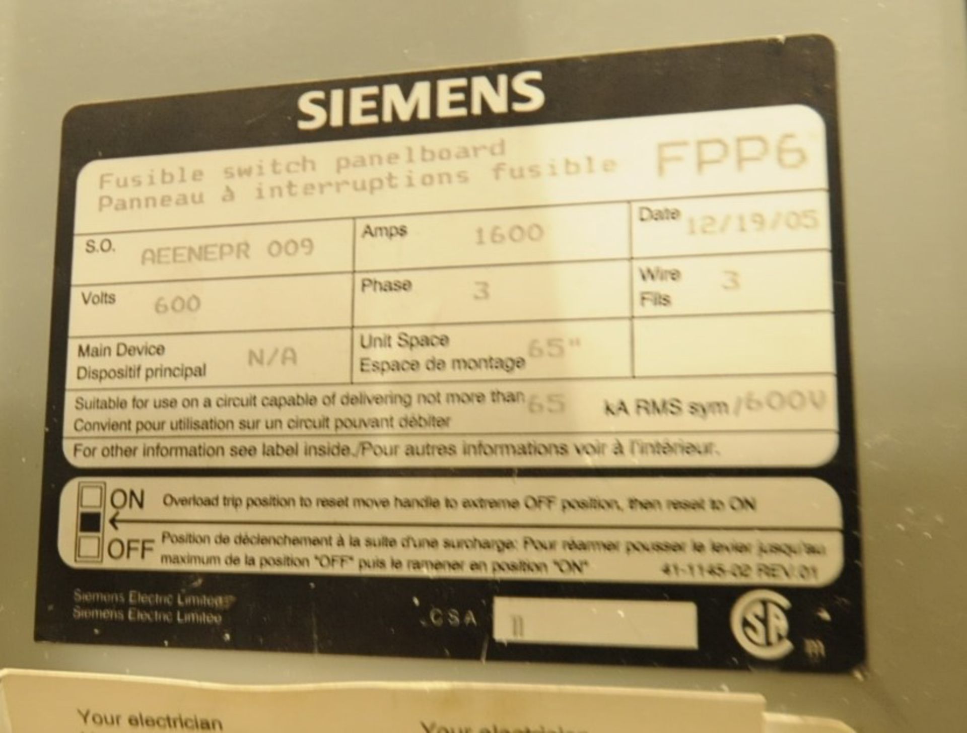 SIEMENS (2005) FUSABLE SWITCH PANEL BOARD (CI) - Image 2 of 2