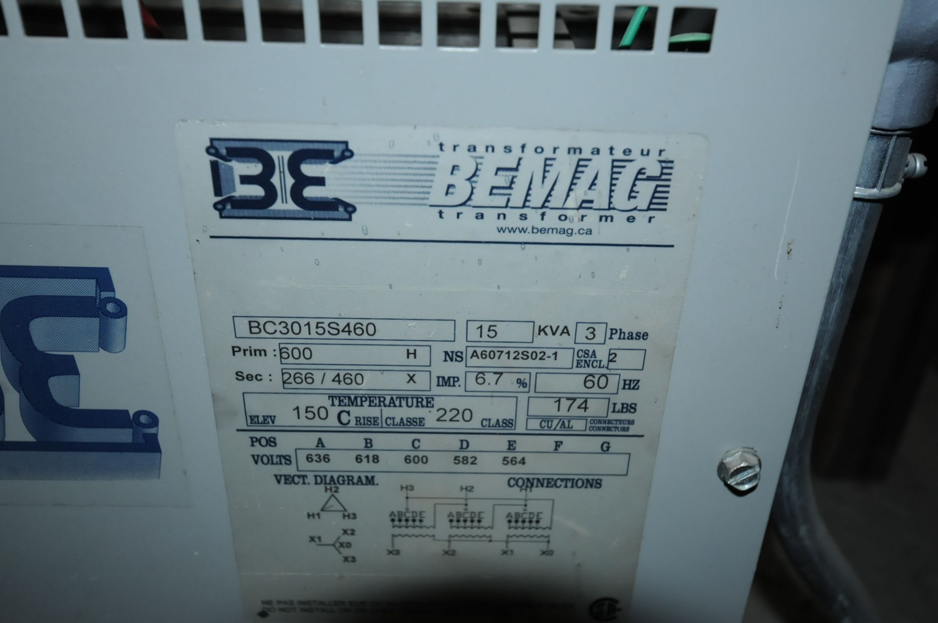 BEMAG 15 KVA 600V 3 PHASE TRANSFORMER (CI) - Image 2 of 2