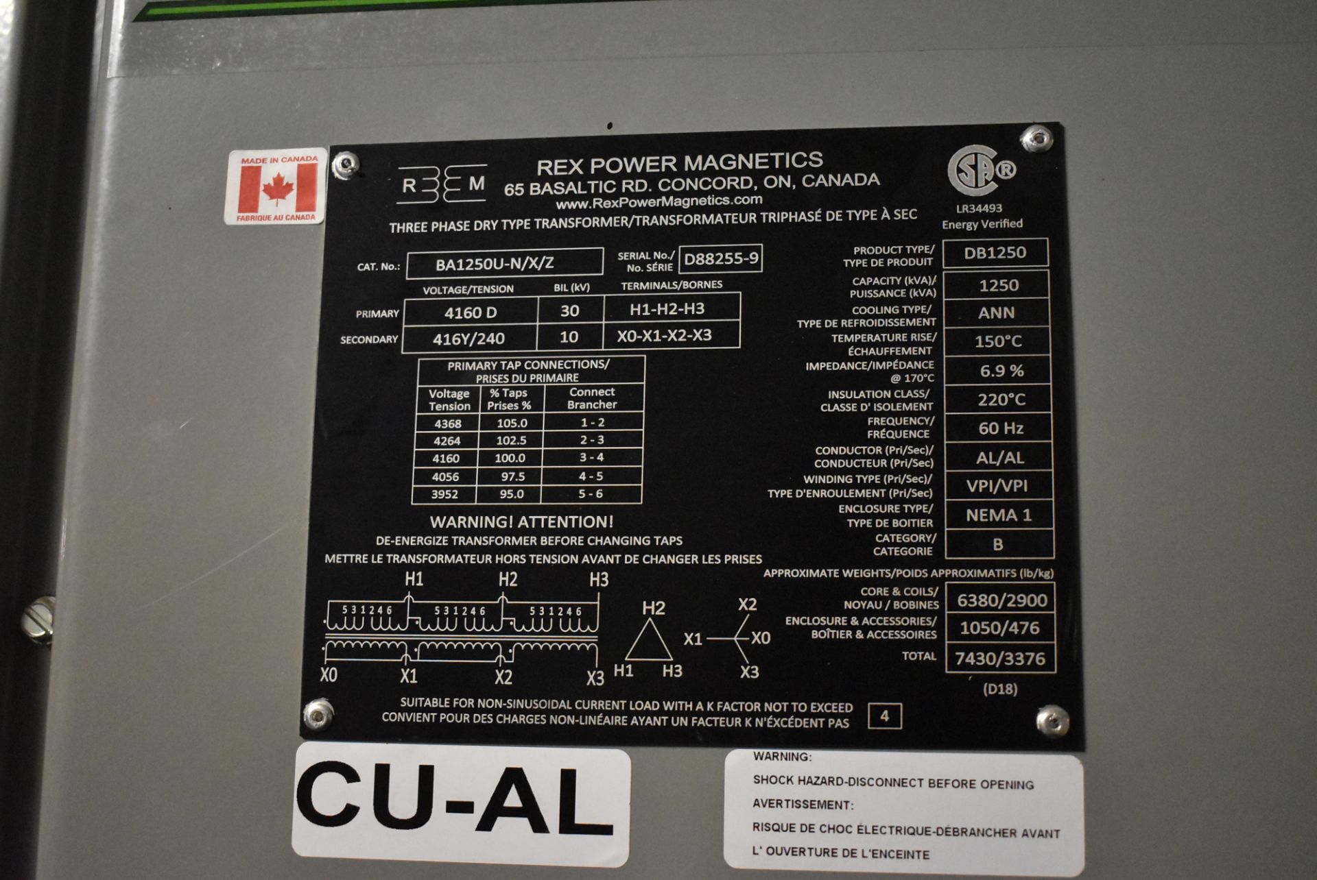 REX (2018) DB1250 1250KVA DRY TYPE TRANSFORMER WITH 4160 V-HV, 416Y/240V-LV, 3PH, 60HZ, AL/AL, S/ - Image 2 of 2