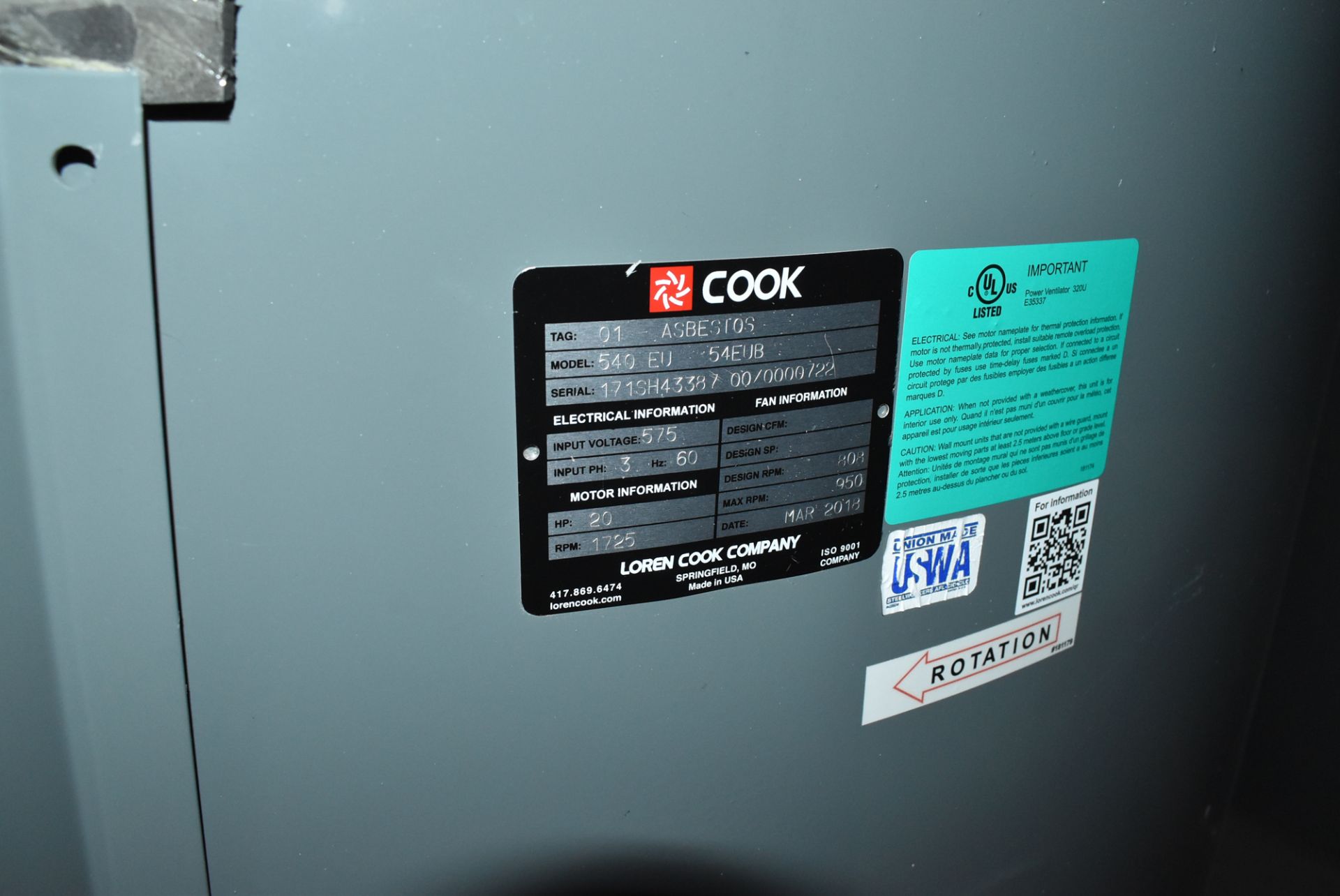 COOK (2018) 540 EU 54EUB 20HP ROOFTOP VENTILATION FAN WITH 60" DIAMETER, APPROX. DIMENSIONS 66" - Image 6 of 9