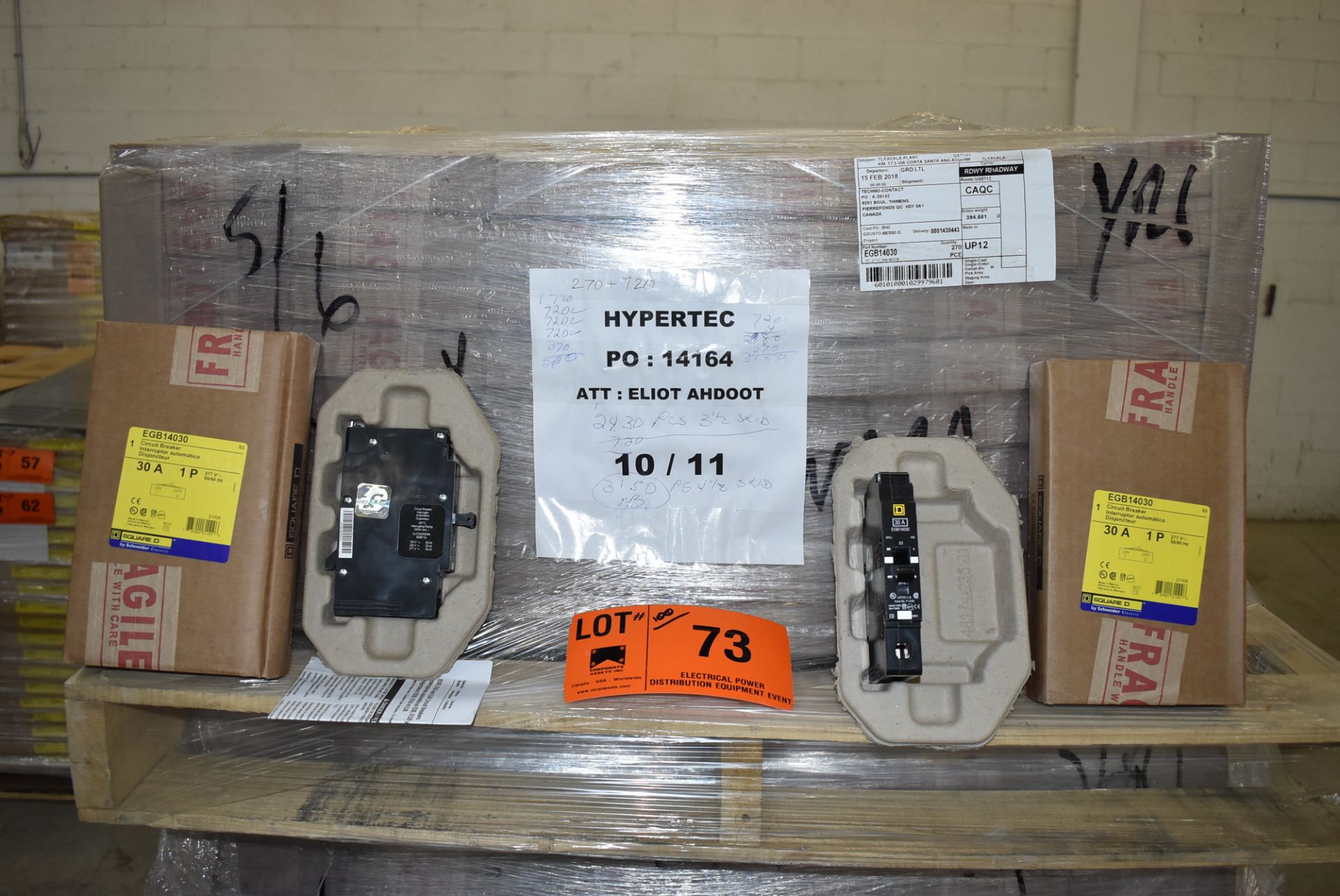 LOT/ (100) SQUARE D EGB 14030 30AMP/277V/1P/50-60HZ SINGLE POLE CIRCUIT BREAKERS (LOCATED AT 111