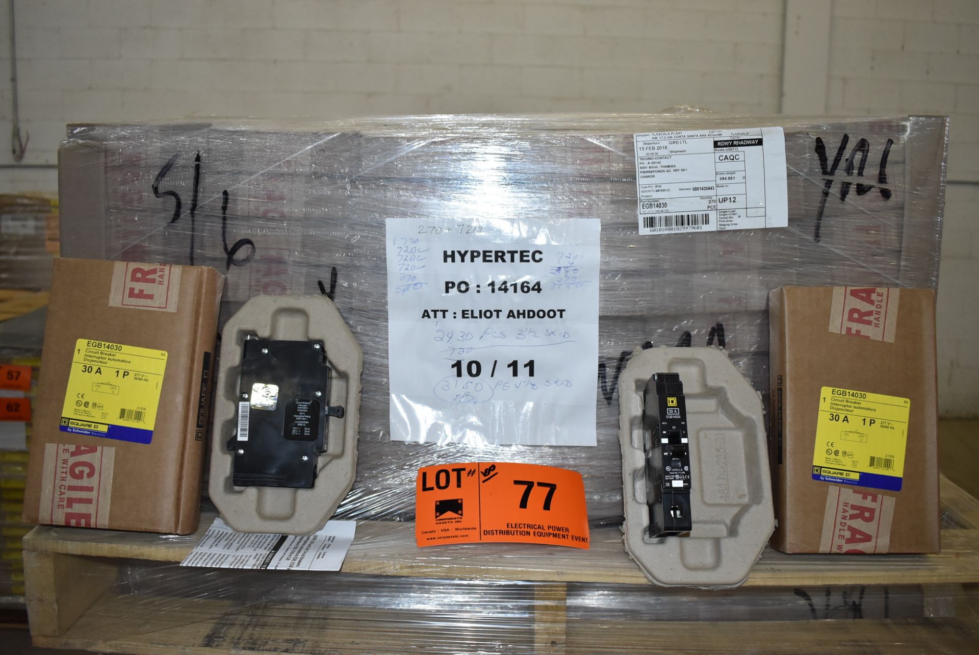 LOT/ (100) SQUARE D EGB 14030 30AMP/277V/1P/50-60HZ SINGLE POLE CIRCUIT BREAKERS (LOCATED AT 111