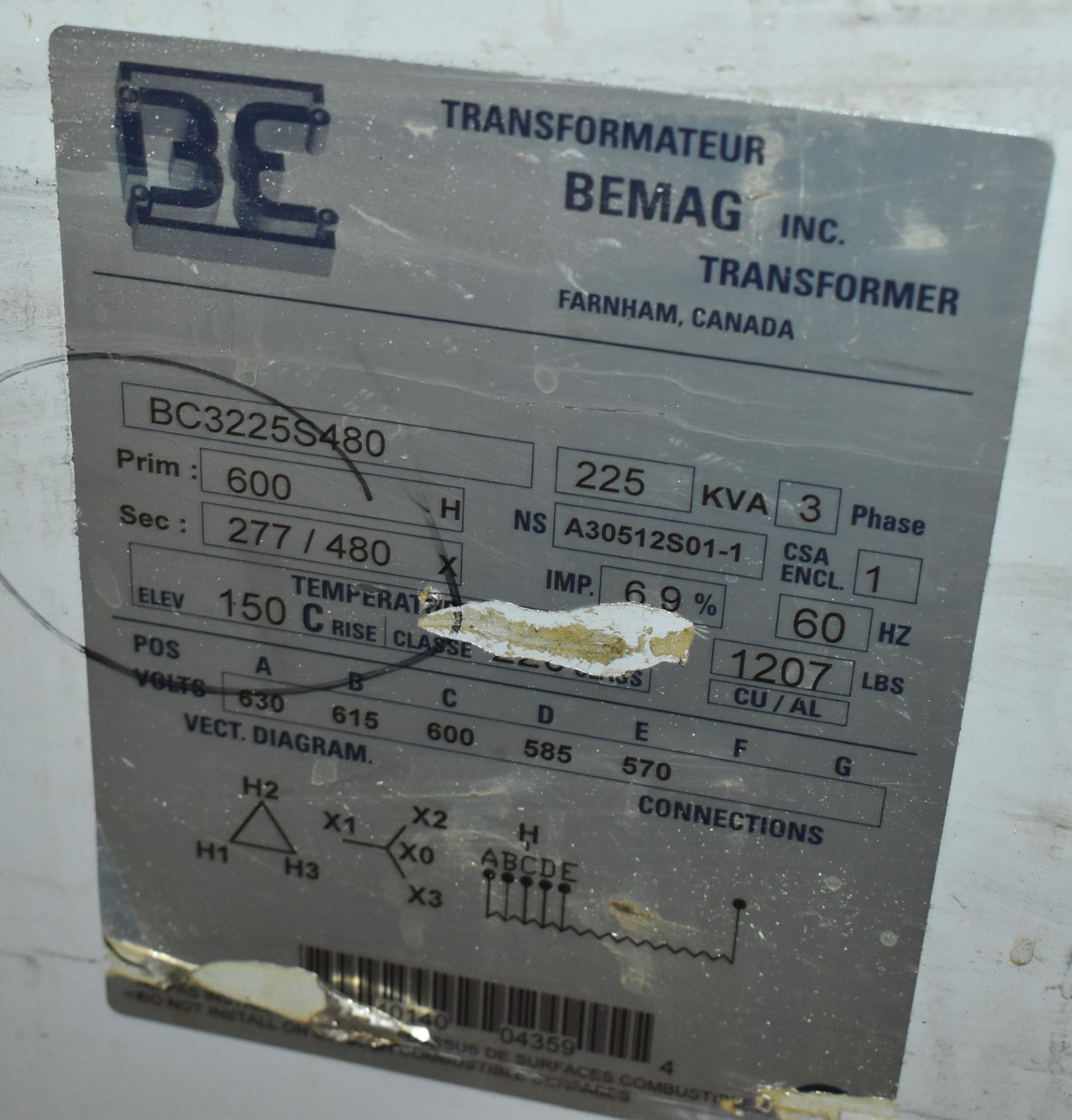 BEMAG 225KVA, 600V-277/480V, 3PH, 50-60HZ TRANSFORMER, S/N A30512S01-1 - Image 2 of 2