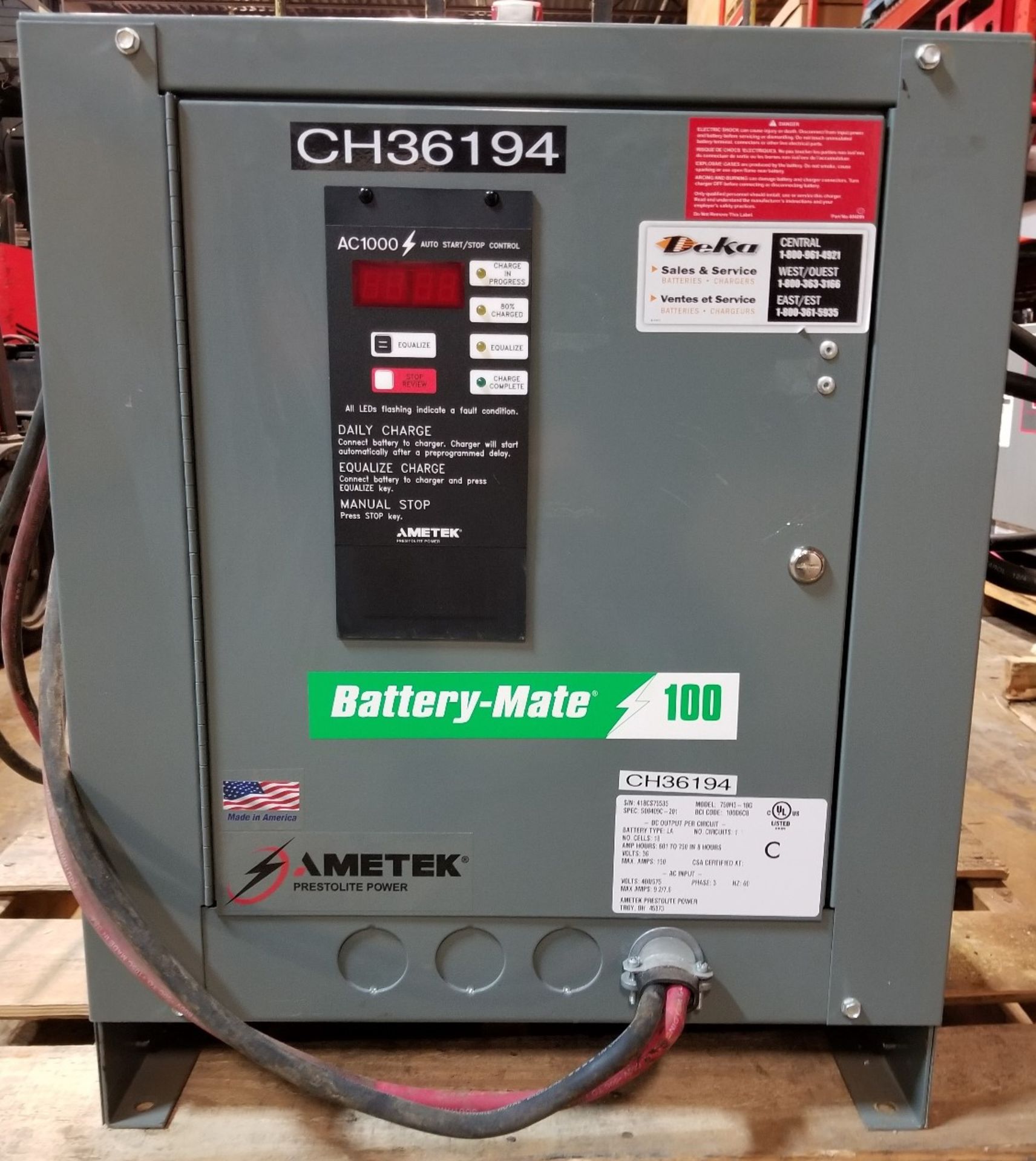 AMETEK 750H3-18G 36V BATTERY CHARGER WITH 150A, 601-750V, 350 GREY CONNECTOR, INPUT VOLTAGE 480/575,