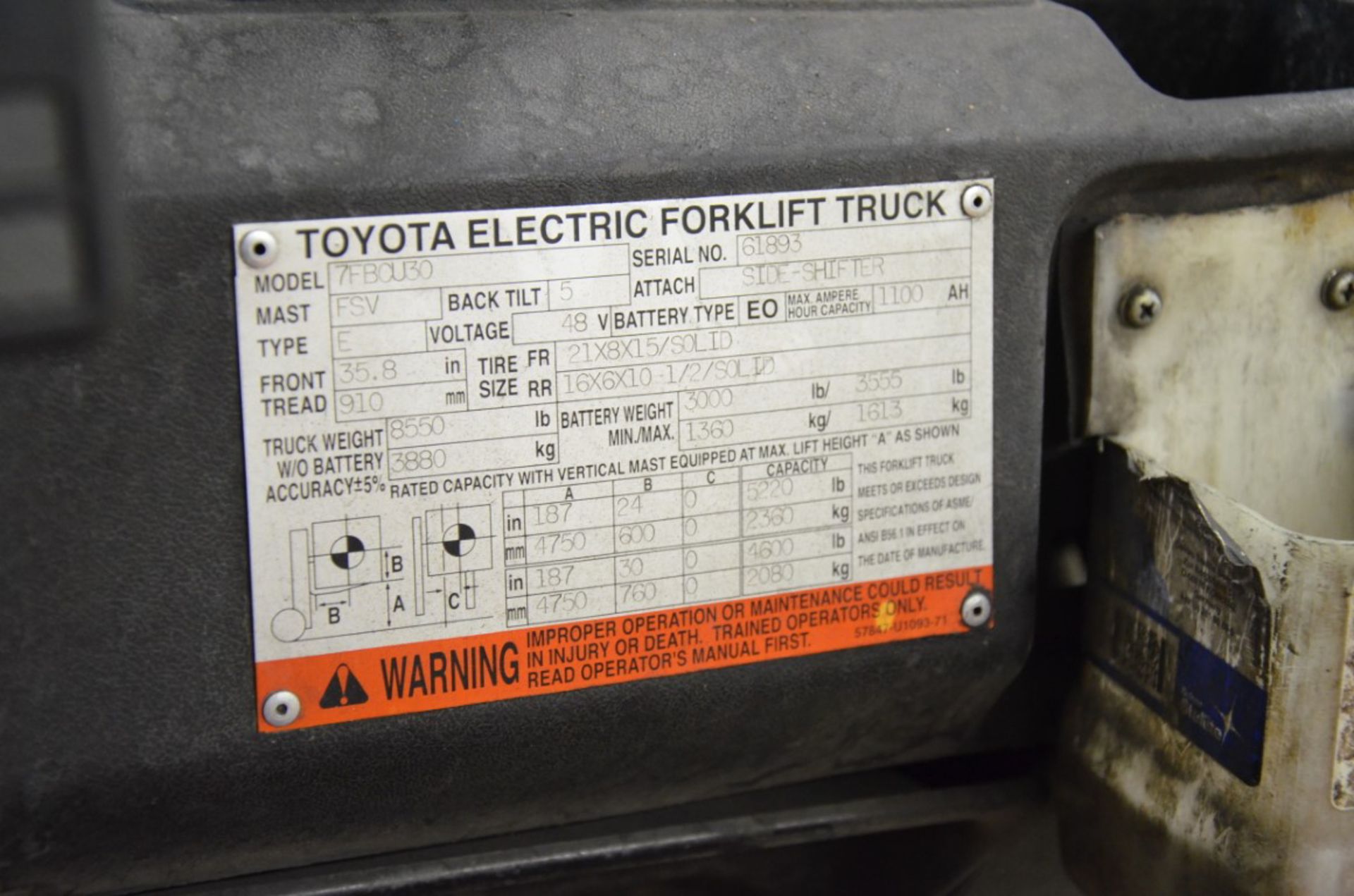 TOYOTA 7FBCU30 5,200 LBS CAPACITY ELECTRIC FORKLIFT WITH 187” MAX VERTICAL REACH, S/N 61893 - Image 3 of 3