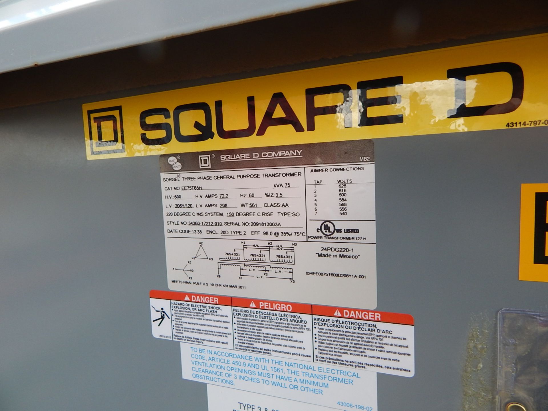 SQUARE D 75KVA TRANSFORMER, S/N: N/A (CI) - Image 2 of 3