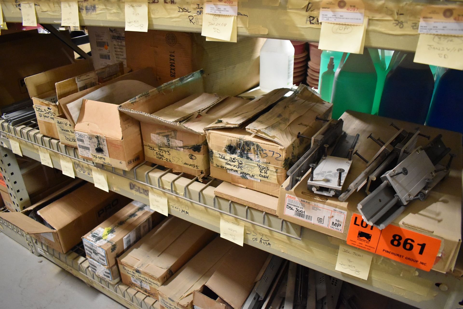 LOT/ CONTENTS OF SHELF - INCLUDING DRAWER SLIDERS, CLEANING CHEMICALS, BUFFING/POLISHING WHEELS,