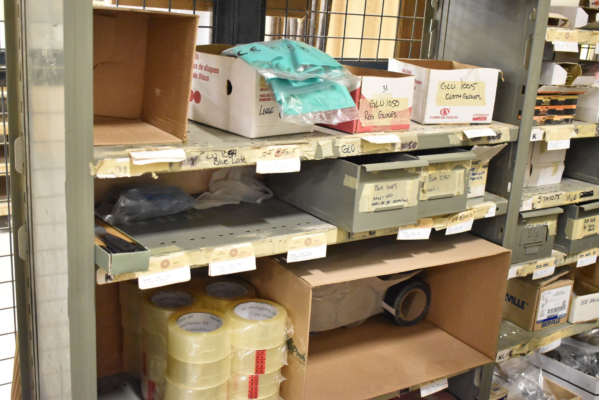 LOT/ CONTENTS OF SHELVES - INCLUDING SHOP SUPPLIES, TAPE, PAINTERS TAPE, CLEANING SUPPLIES, SHIPPING - Image 3 of 4