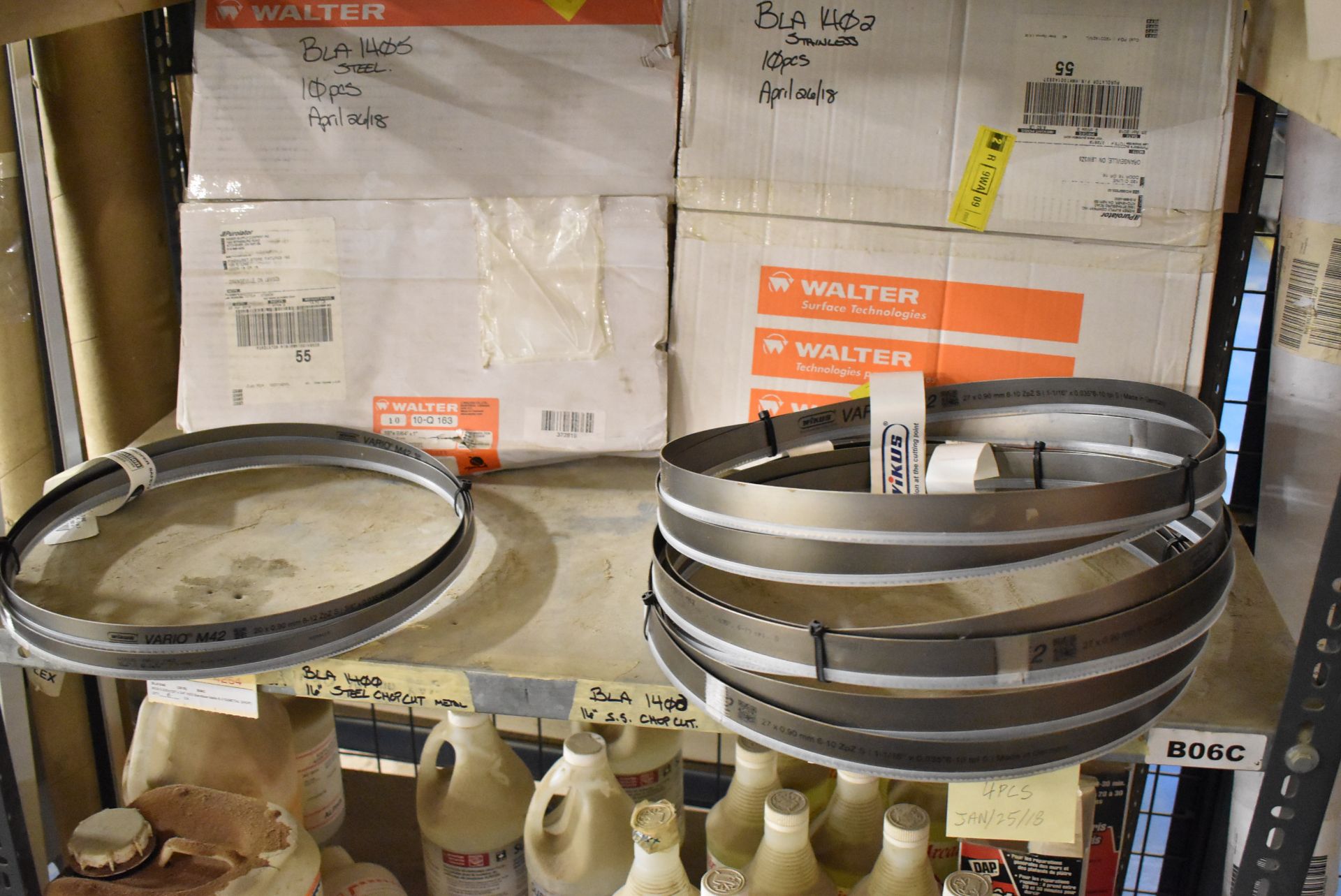 LOT/ CONTENTS OF SHELVES - BAND SAW BLADES, CIRCULAR SAW BLADES, PAINTS, CHEMICALS - Image 2 of 2