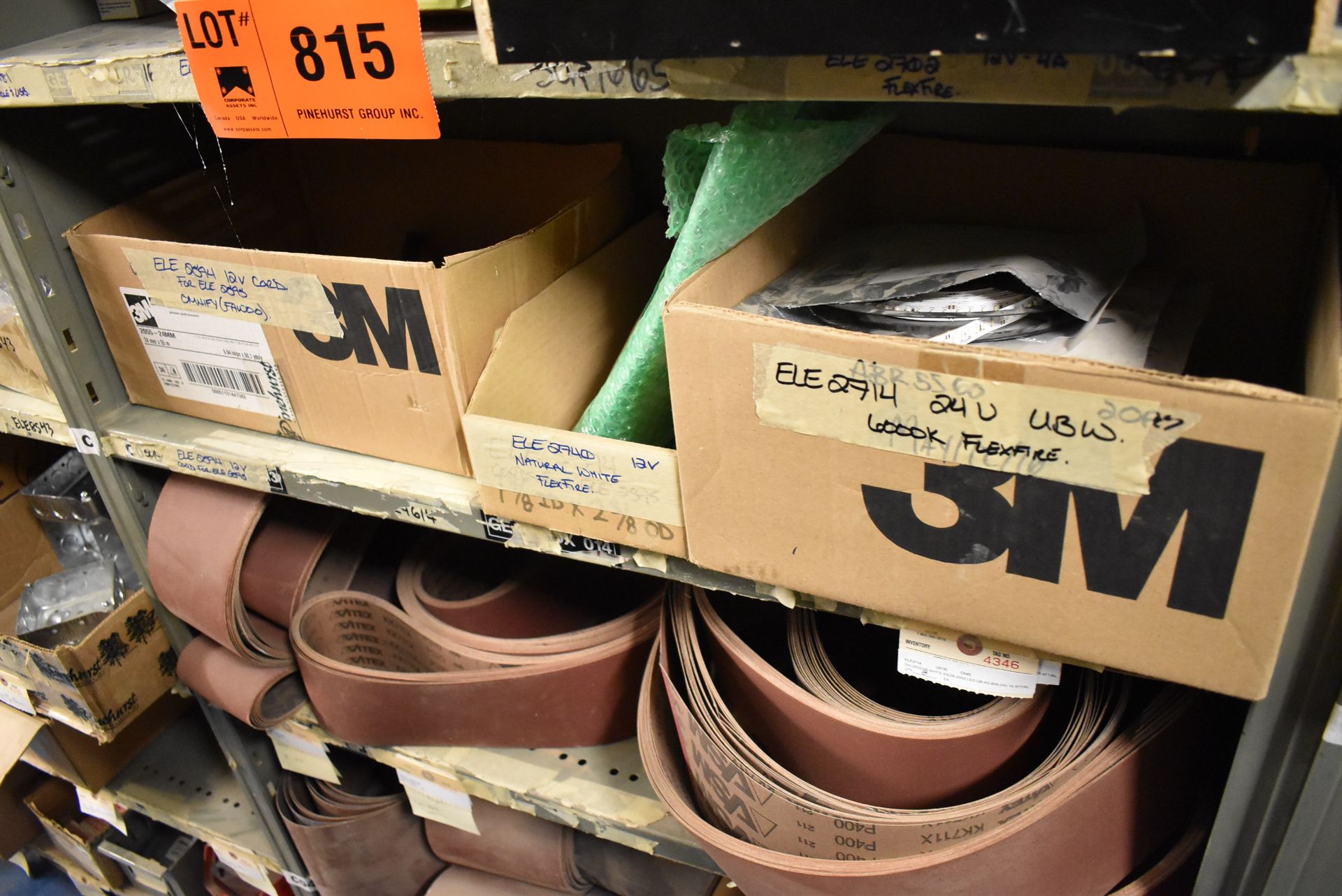 LOT/ CONTENTS OF SHELVES - INCLUDING ELECTRICAL COMPONENTS, SANDING BELTS - Image 2 of 3