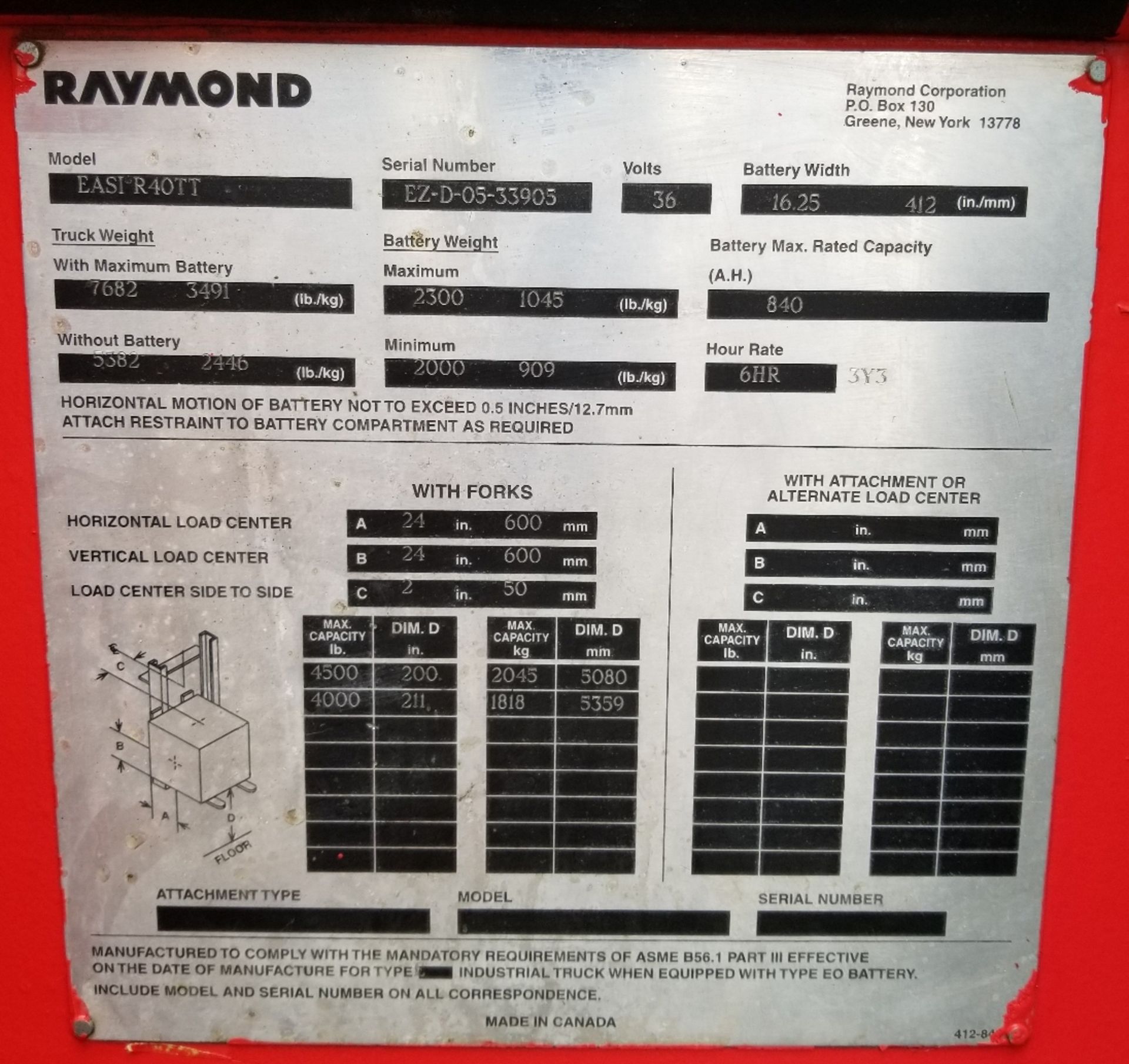 RAYMOND (2005) EZ-R40TT 36V ELECTRIC REACH TRUCK WITH 4500 LB. CAPACITY, 211" MAX. LIFT HEIGHT, - Image 4 of 6