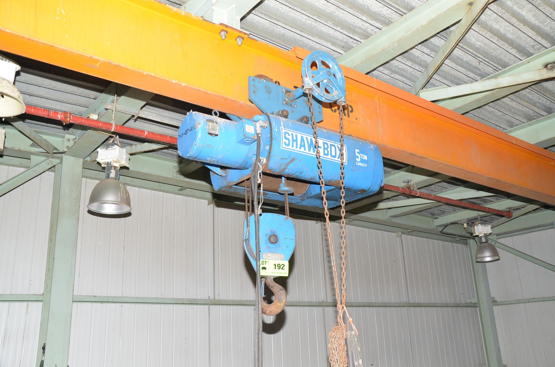 SHAWBOX 5TON CAPACITY ELECTRIC HOIST WITH TROLLEY, S/N: N/A [RIGGING FEES FOR LOT #192 - $175 USD