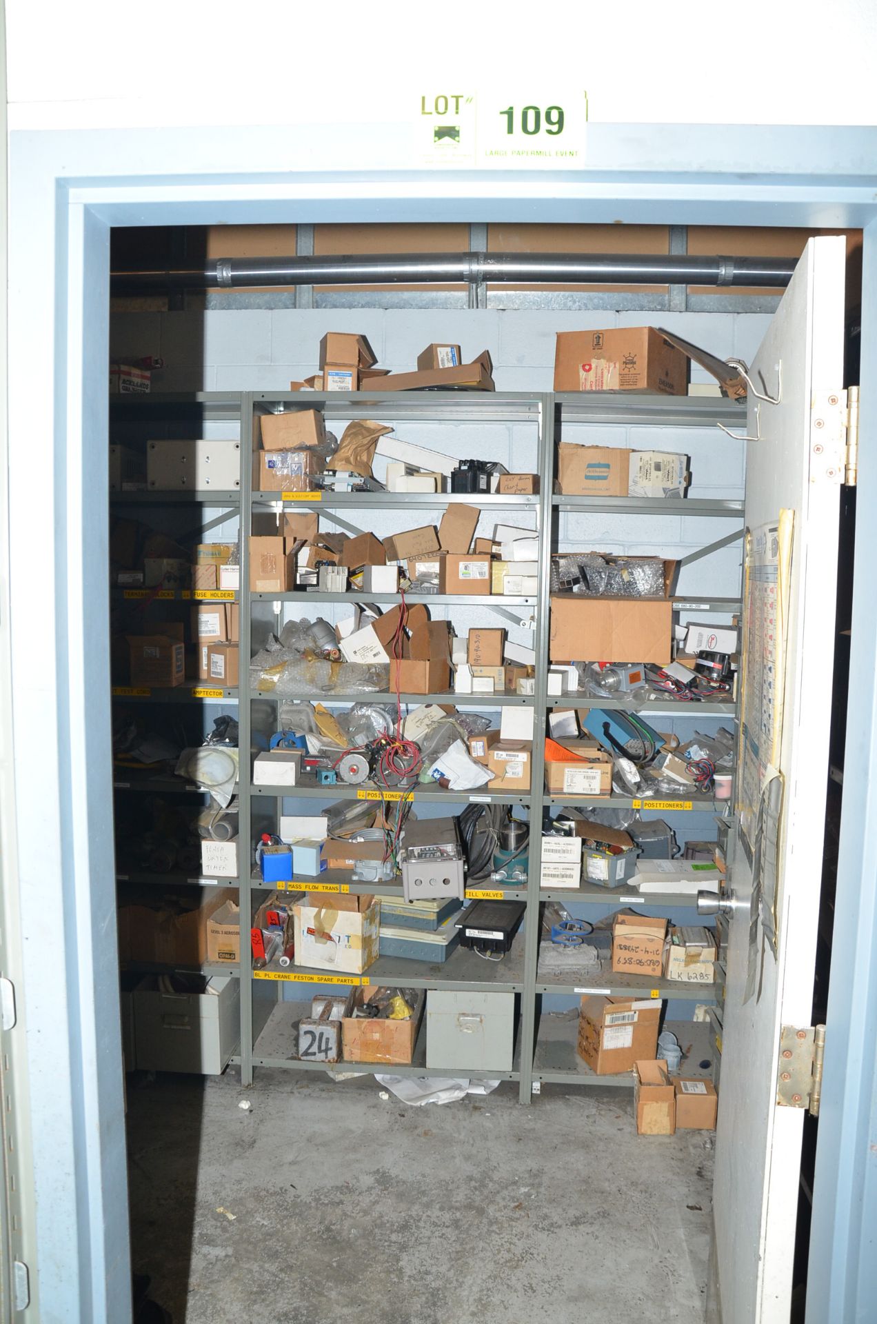 LOT/ CONTENTS OF ROOM CONSISING OF SHELVING WITH ELECTRICAL COMPONENTS AND PARTS [RIGGING FEES FOR
