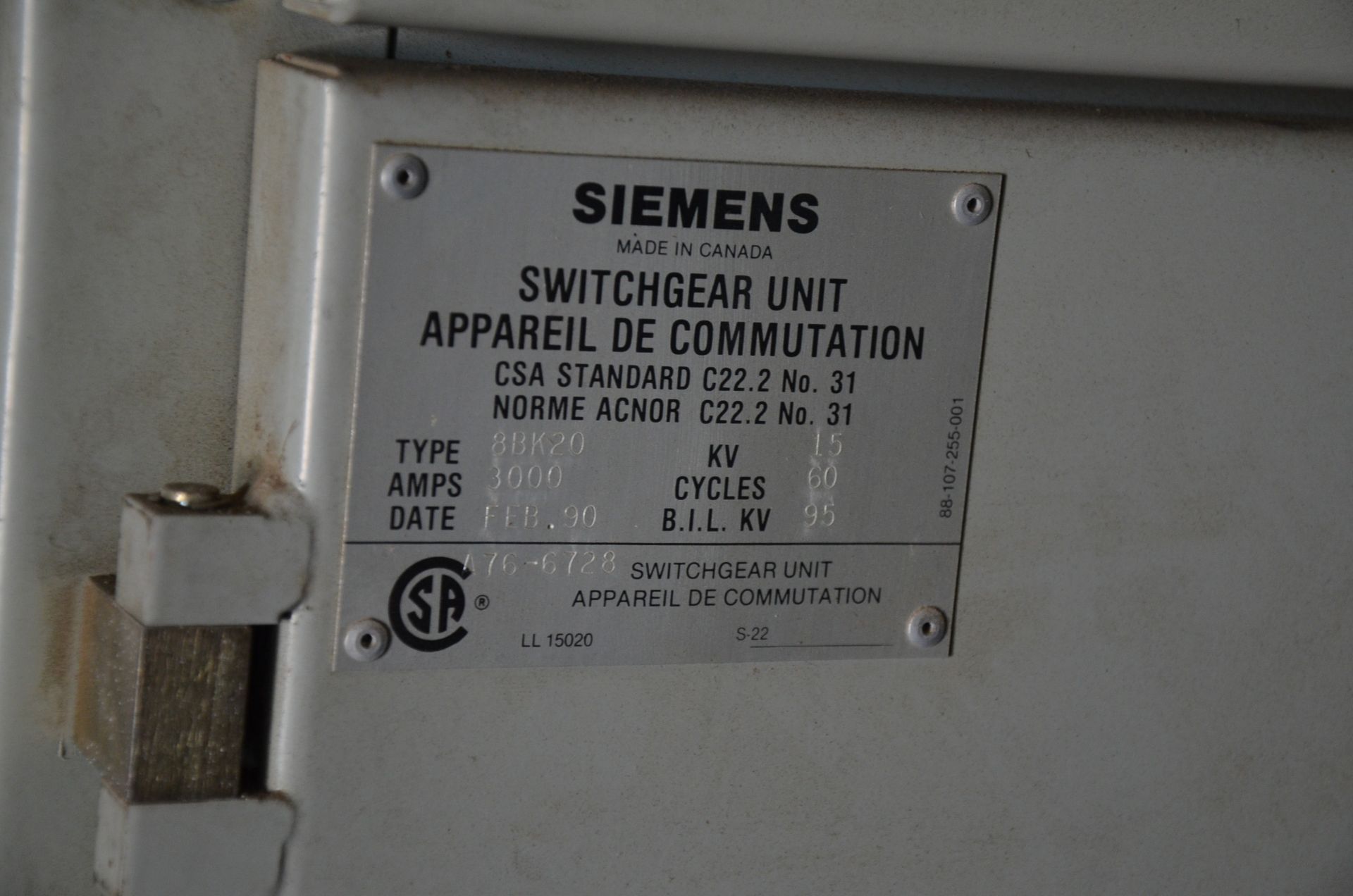 SIEMENS 8BK20 3000A 8-BANK SWITCHGEAR UNIT, S/N: N/A [RIGGING FEES FOR LOT #328 - $2875 USD PLUS - Image 2 of 2