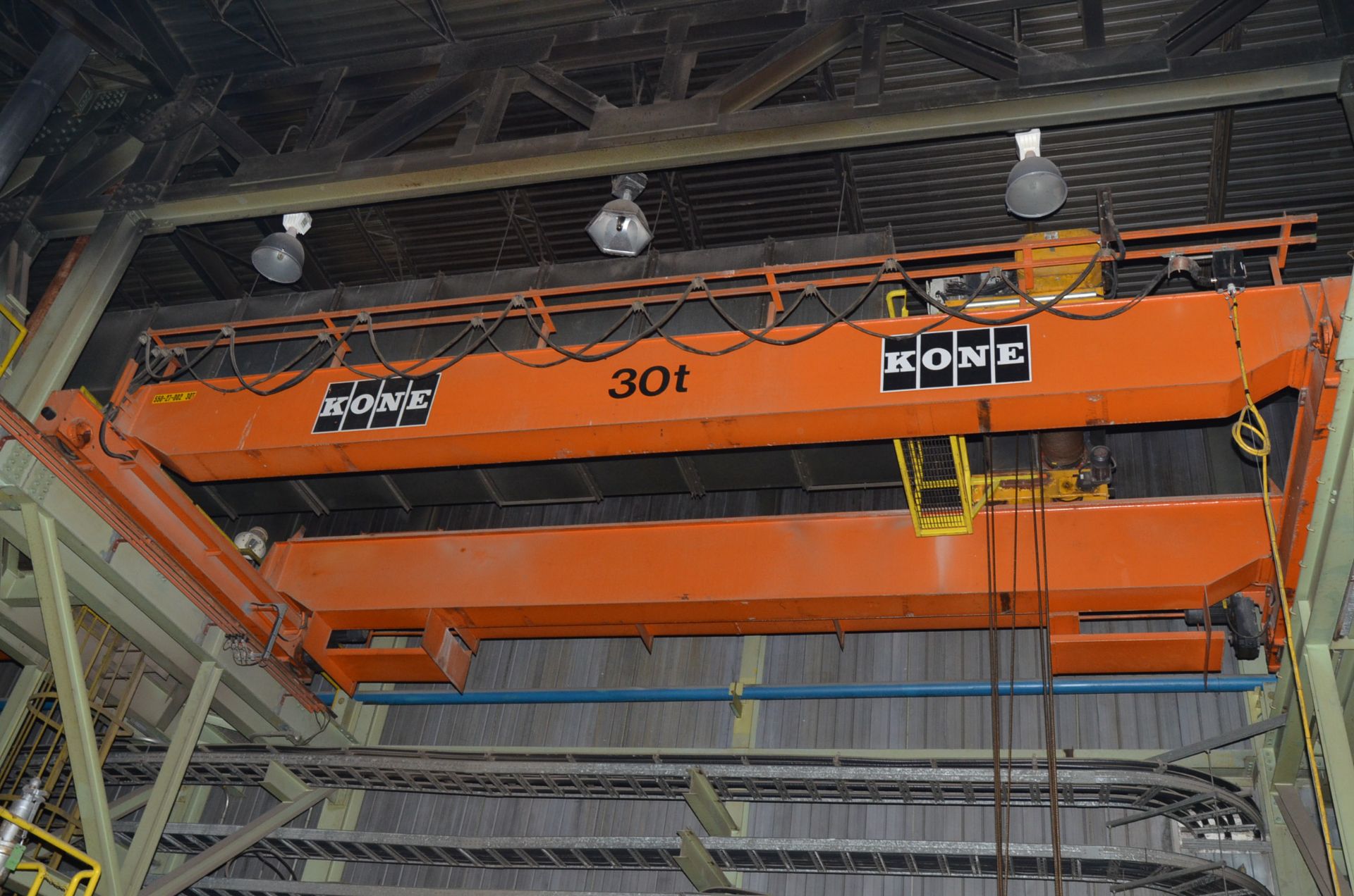 KONE 30TON TOP-RUNNING DOUBLE GIRDER OVERHEAD BRIDGE CRANE WITH APPROX. 42' SPAN, 50' UNDER THE