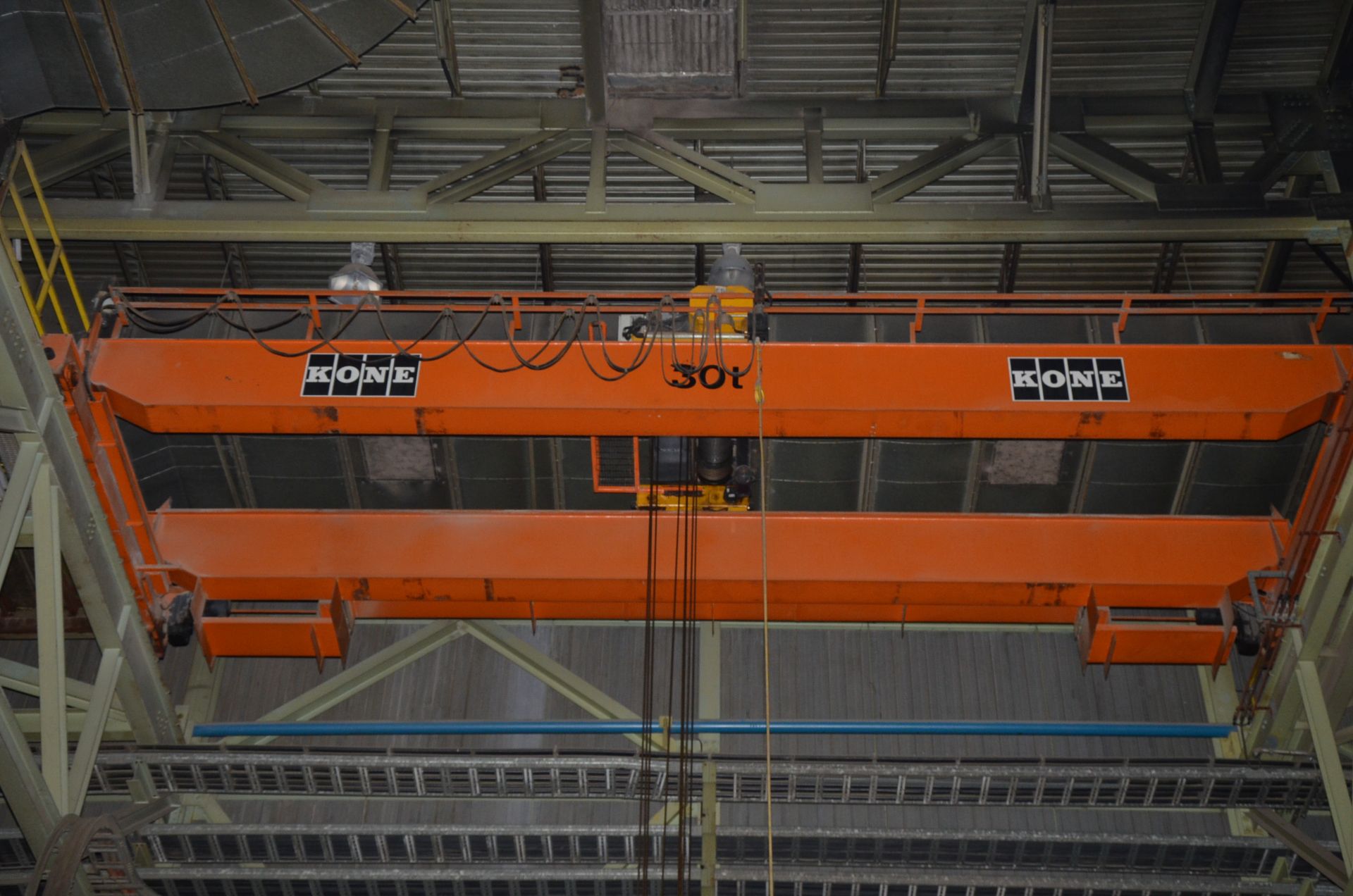 KONE 30TON TOP-RUNNING DOUBLE GIRDER OVERHEAD BRIDGE CRANE WITH APPROX. 42' SPAN, 50' UNDER THE