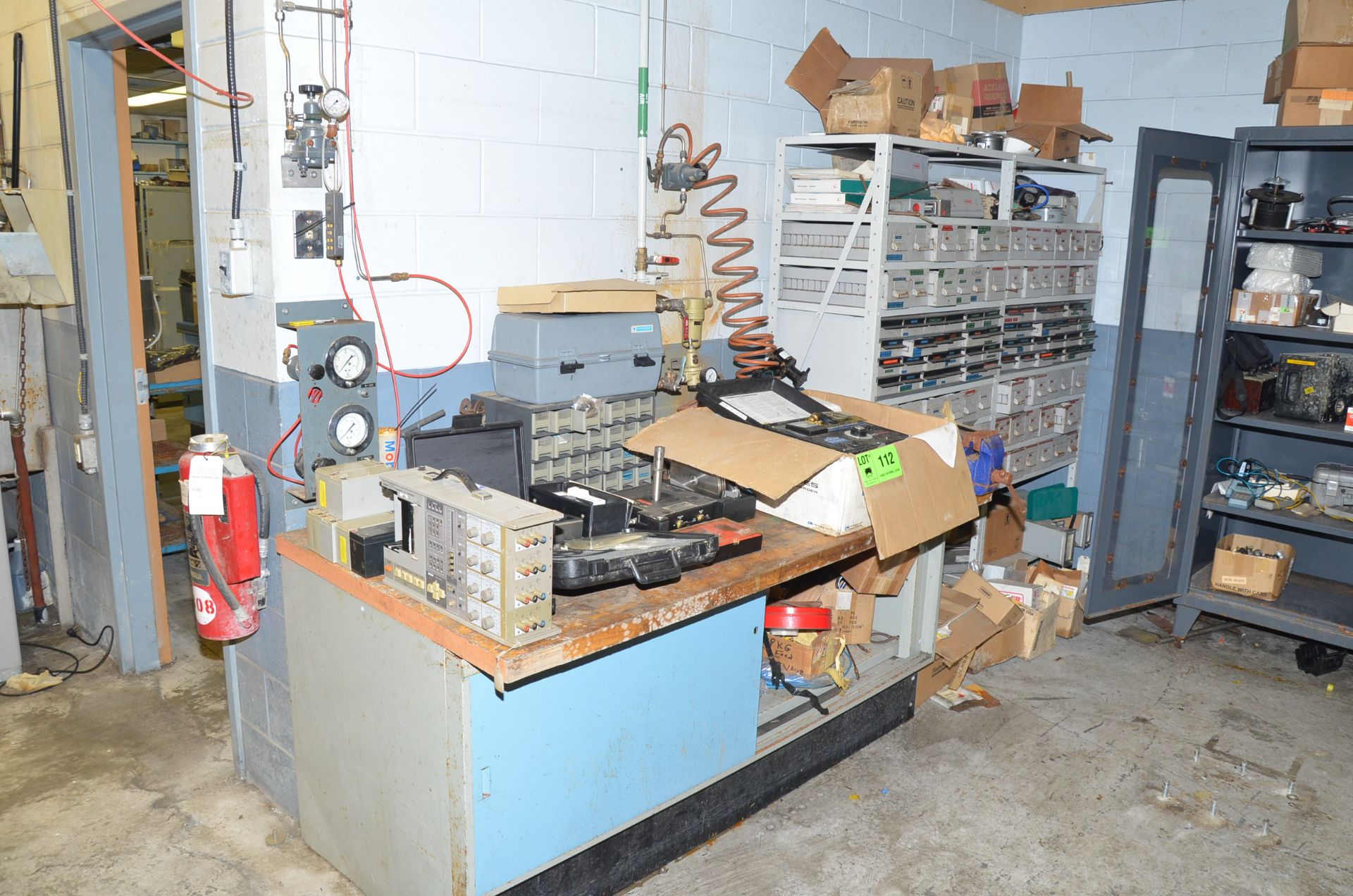 LOT/ WORKBENCH AND SHELVING WITH ELECTRICAL COMPONENTS [RIGGING FEES FOR LOT #112 - $200 USD PLUS