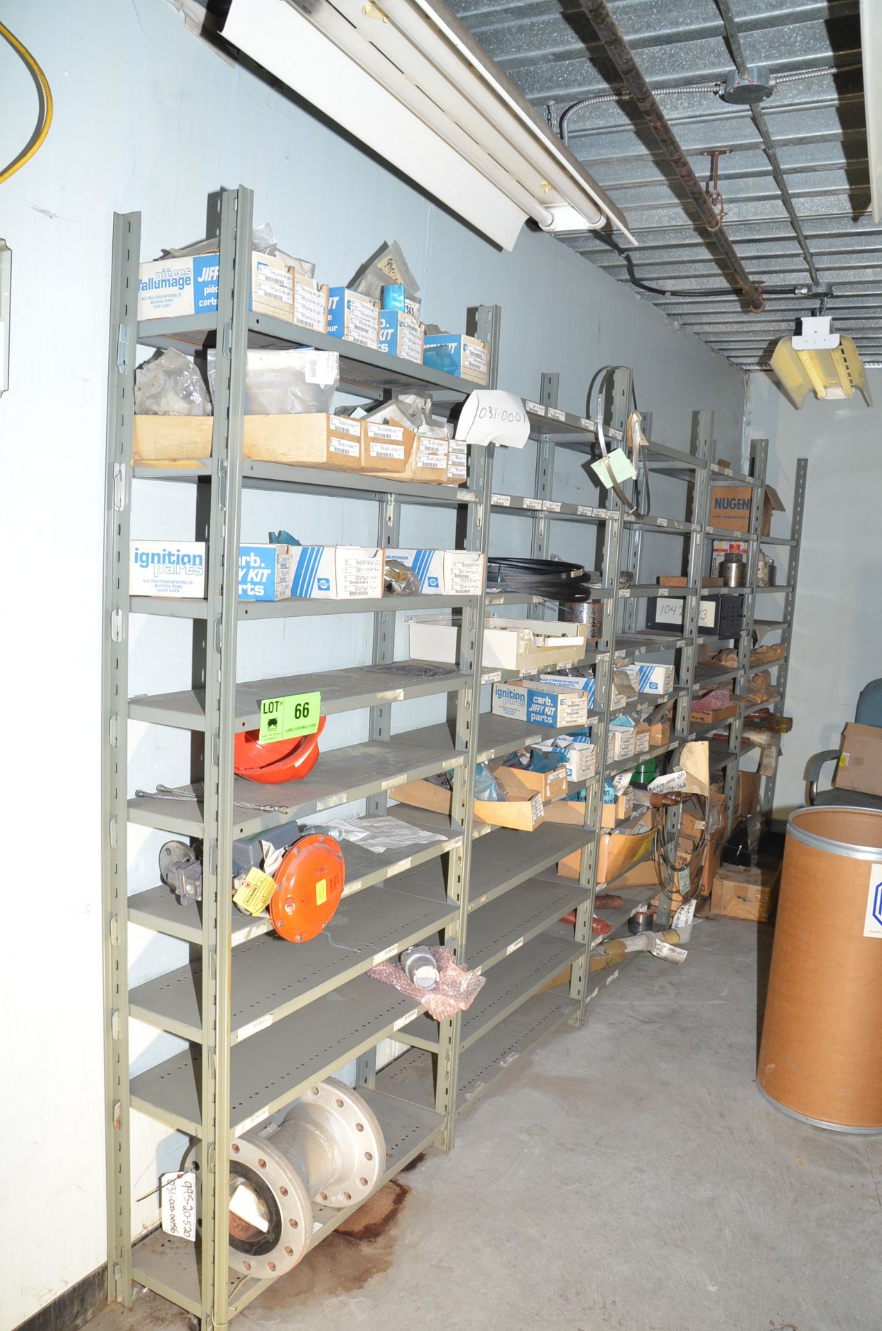 LOT/ (6) SECTIONS OF METAL SHELVING WITH VALVE PARTS AND COMPONENTS [RIGGING FEES FOR LOT #66 - $350