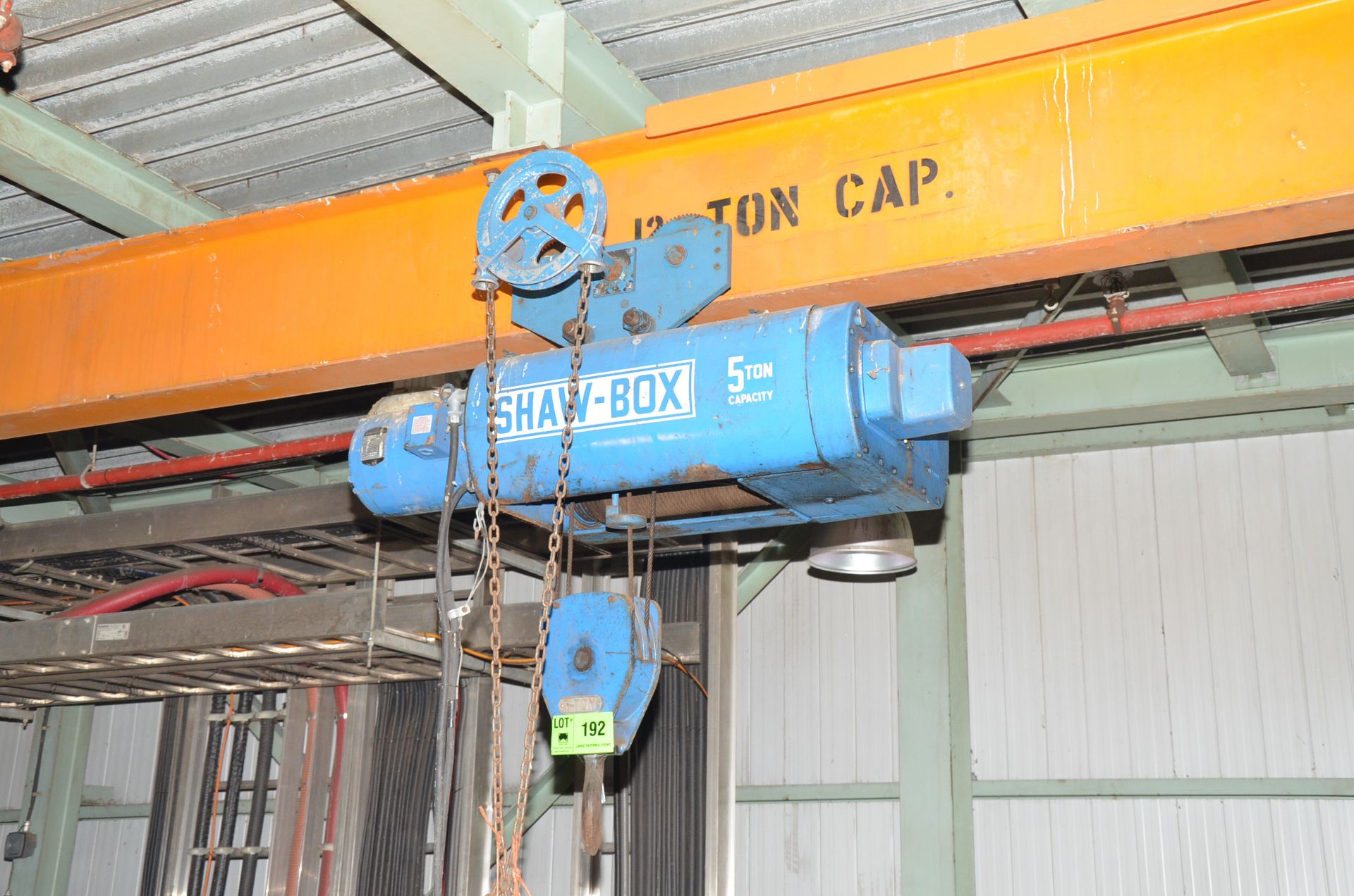 SHAWBOX 5TON CAPACITY ELECTRIC HOIST WITH TROLLEY, S/N: N/A [RIGGING FEES FOR LOT #192 - $175 USD - Image 2 of 2