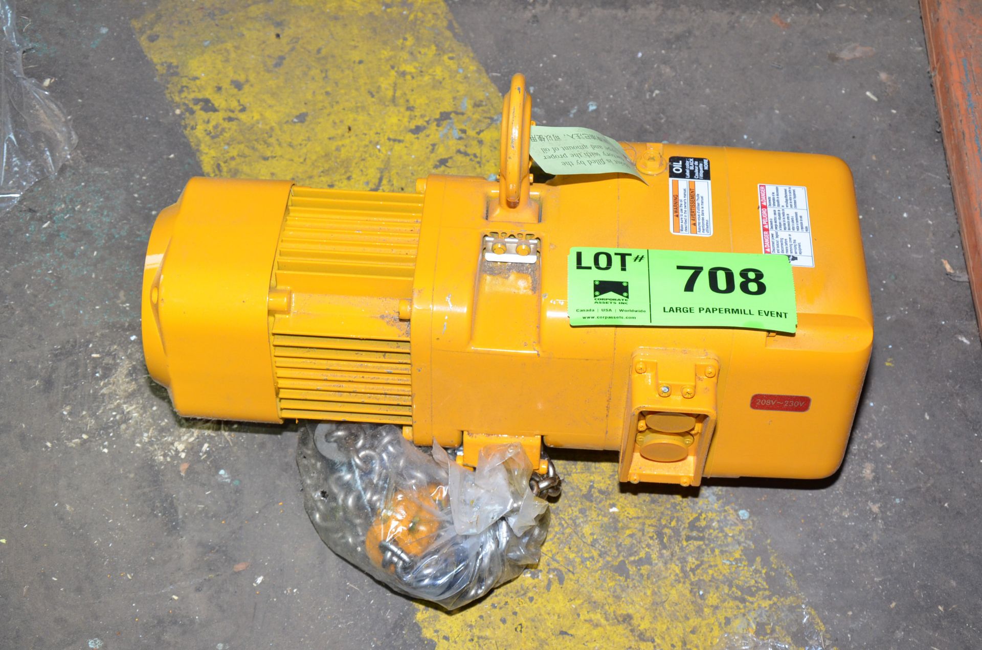 KITO 1 TON CAPACITY ELECTRIC CHAIN HOIST, S/N N/A [RIGGING FEES FOR LOT #708 - $60 USD PLUS