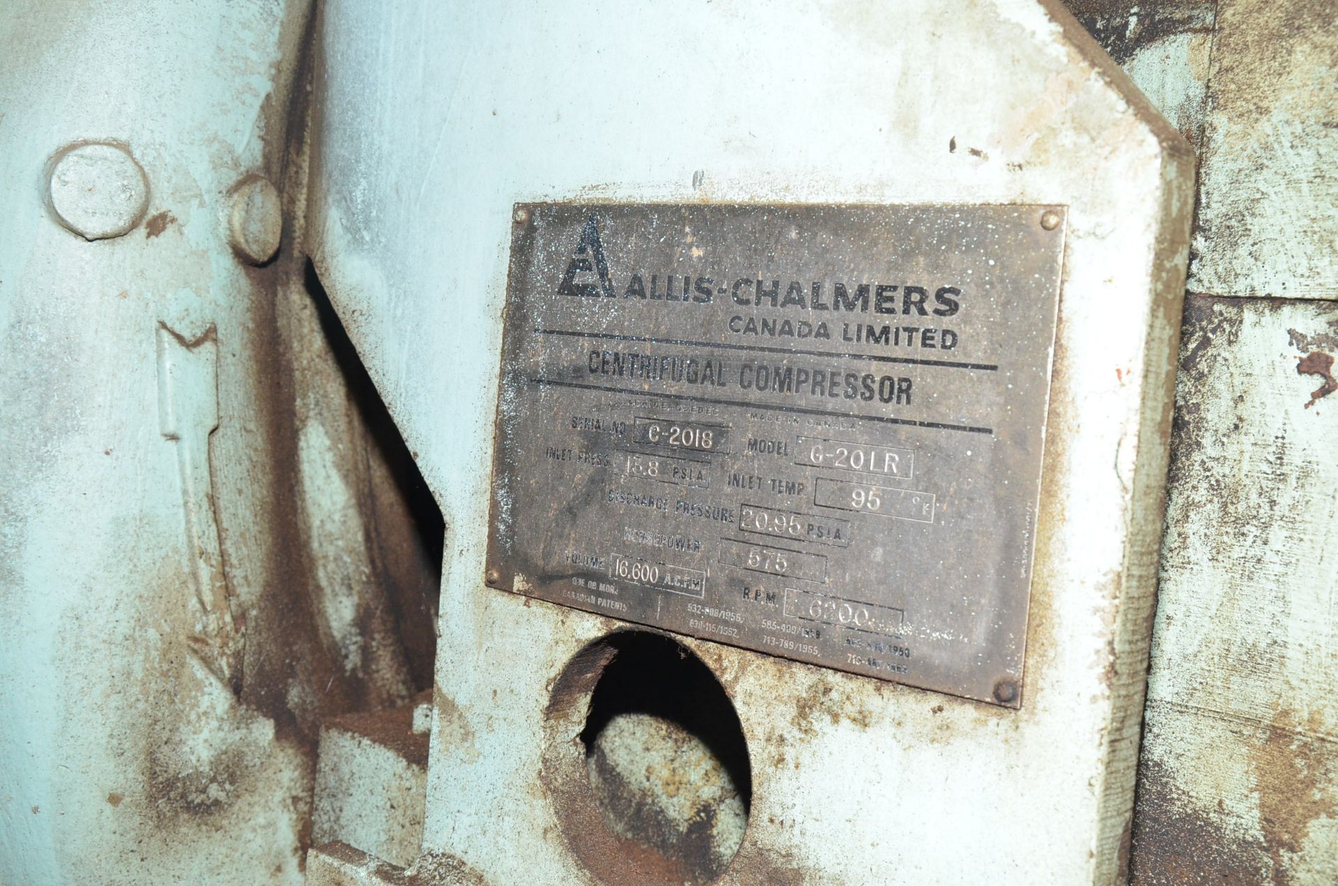 ALLIS-CHALMERS G-20LR 800HP ROTARY-TYPE CENTRIFUGAL COMPRESSOR WITH 16,600CFM@20.95PSI, S/N: C- - Image 6 of 6