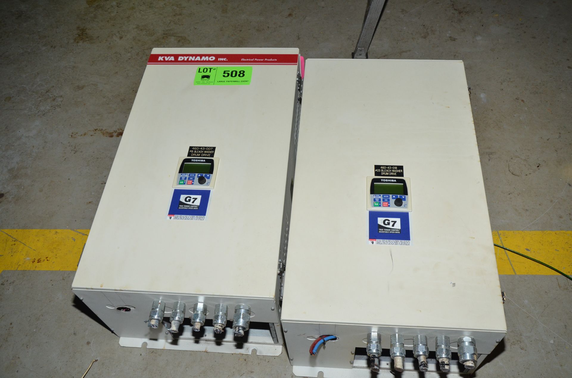 LOT/ (2) KVA DYNAMO TOSHIBA G7 50HP DIGITAL VARIABLE FREQUENCY DRIVES, S/N: N/A [RIGGING FEES FOR