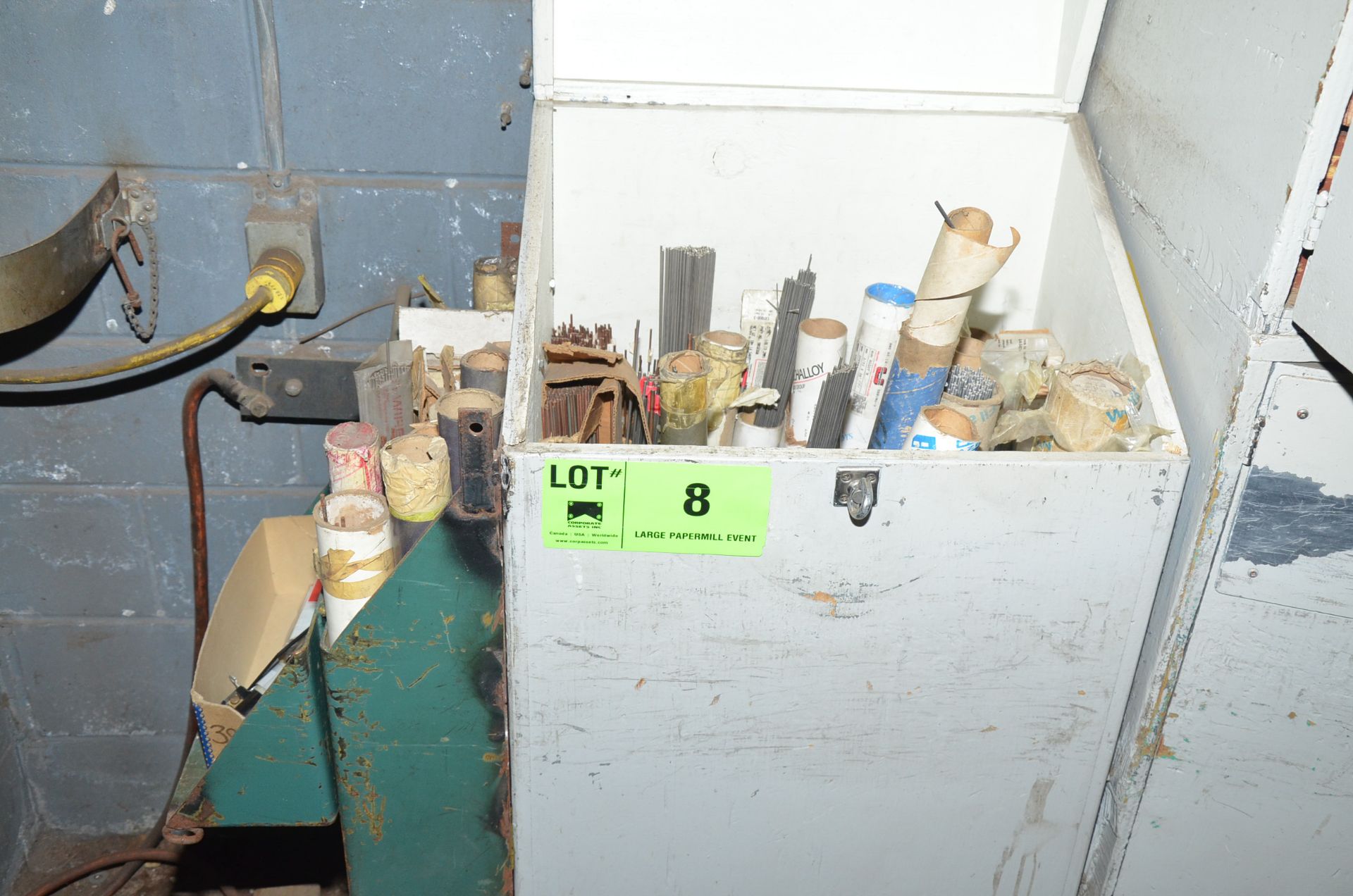 LOT/ CABINET WITH WELDING ELECTRODES AND WIRE [RIGGING FEES FOR LOT #8 - $85 USD PLUS APPLICABLE