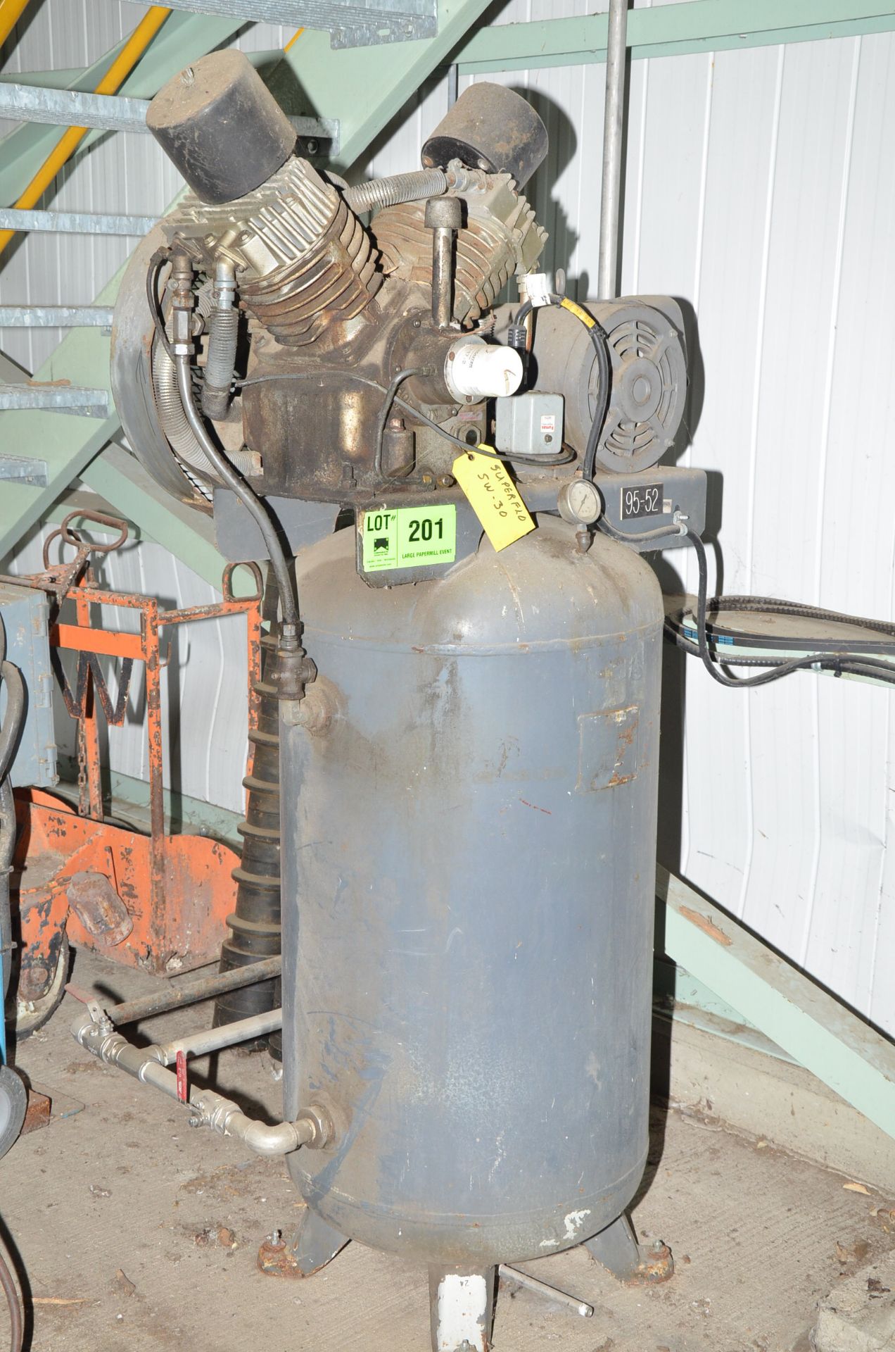 NATIONAL 10HP TANK-MOUNTED PISTON-TYPE AIR COMPRESSOR, S/N: SW-30 [RIGGING FEES FOR LOT #201 - $