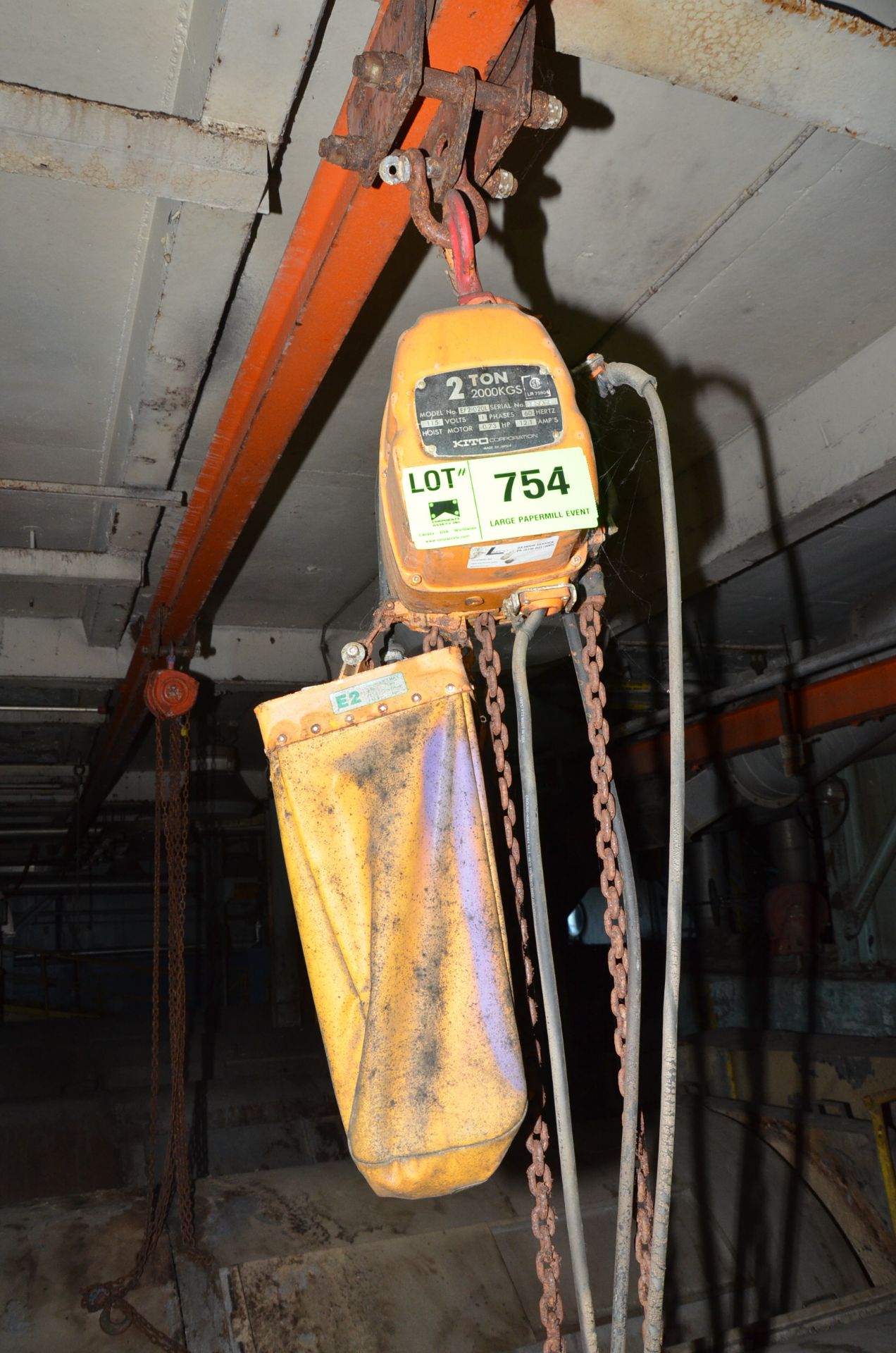 LOT/ KITO 2 TON CAPACITY ELECTRIC CHAIN HOIST WITH TROLLEY [RIGGING FEES FOR LOT #754 - $150 USD