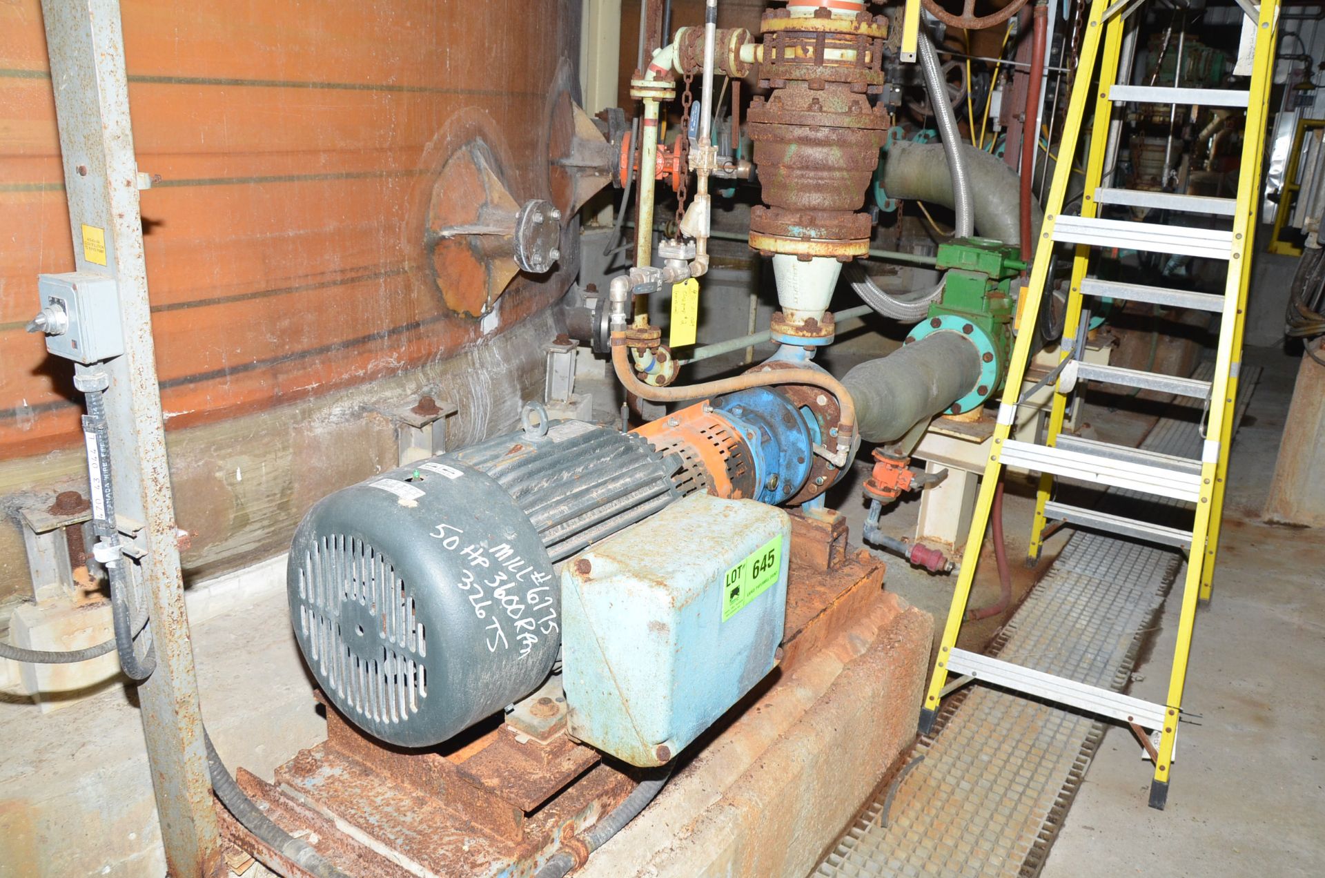 GOULDS STAINLESS STEEL CENTRIFUGAL PUMP WITH 50 HP ELECTRIC DRIVE MOTOR, S/N N/A [RIGGING FEES FOR