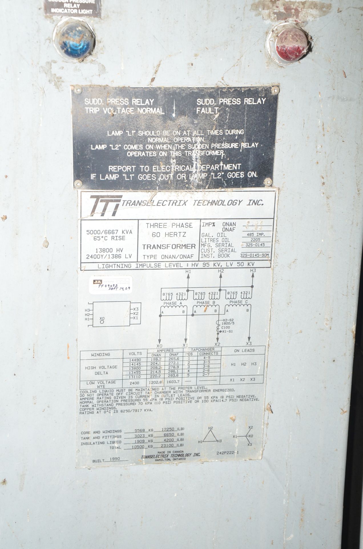 LOT/ TRANSELECTRIX 5000-6667KVA/14000-2400V/3PH/60HZ OUTDOOR PAD-TYPE TRANSFORMER, S/N: 32S-0145 AND - Image 3 of 5