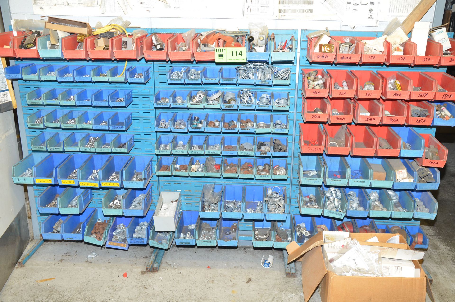 LOT/ PARTS BINS WITH ELECTRICAL HARDWARE [RIGGING FEES FOR LOT #114 - $125 USD PLUS APPLICABLE