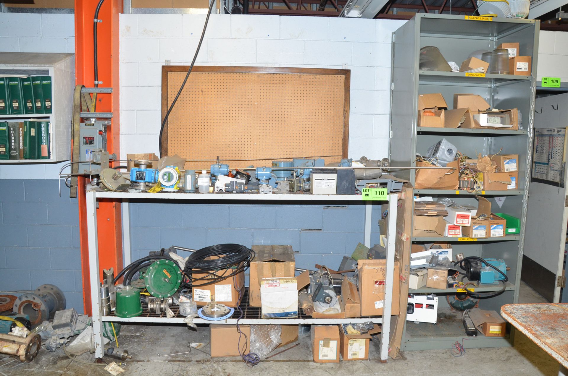 LOT/ SHELVES WITH VALVE PARTS AND COMPONENTS [RIGGING FEES FOR LOT #110 - $150 USD PLUS APPLICABLE