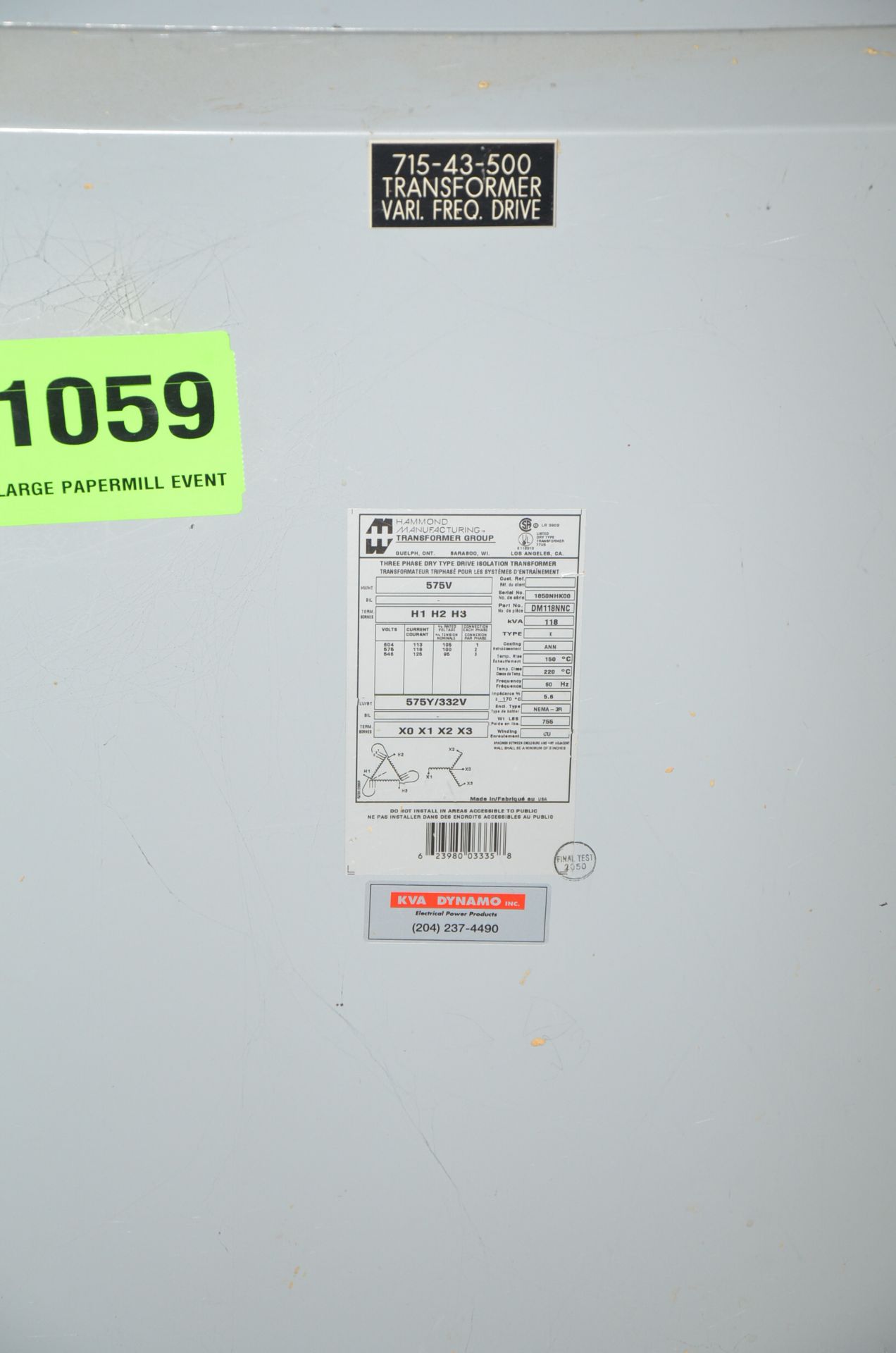 HAMMOND 118KVA/575-332V/3PH/60HZ DRY TYPE TRANSFORMER, S/N 1850NHK00 [RIGGING FEES FOR LOT # - Image 2 of 2