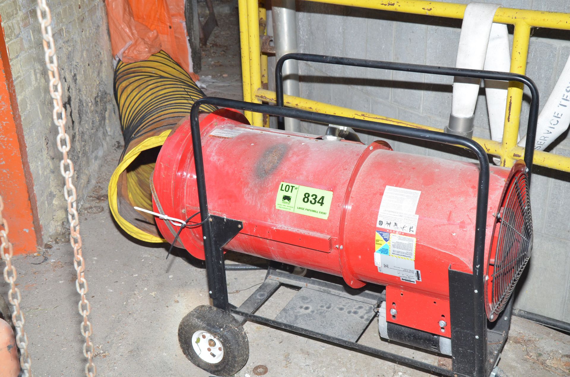 ELECTRIC PORTABLE DIRECT HEATER WITH FLEX DUCT, S/N N/A [RIGGING FEES FOR LOT #834 - $60 USD PLUS