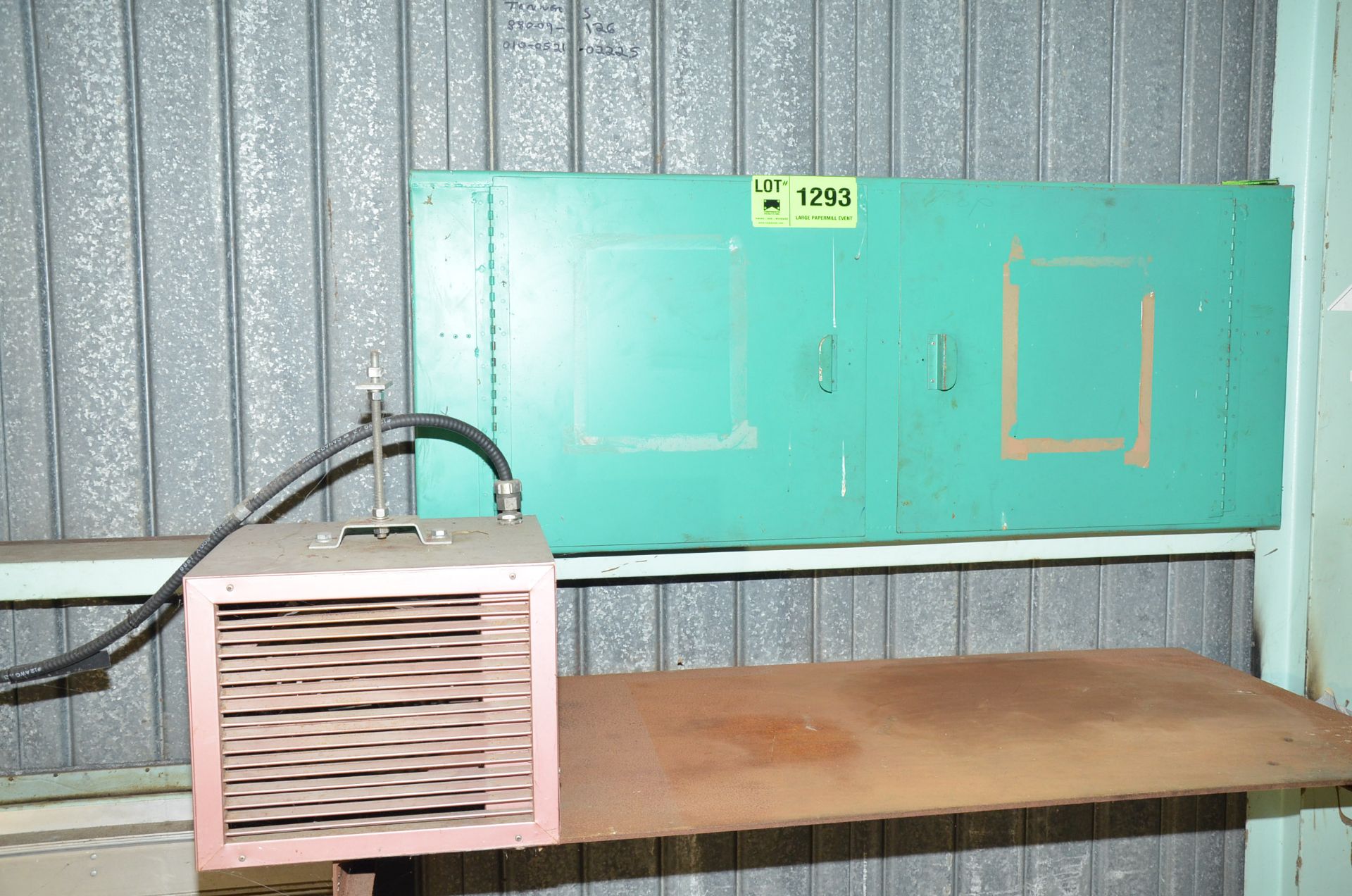 LOT/ BALANCE OF ROOM CONSISTING OF WALL CABINET, (2) FORCED AIR ELECTRIC HEATERS, STAINLESS STEEL