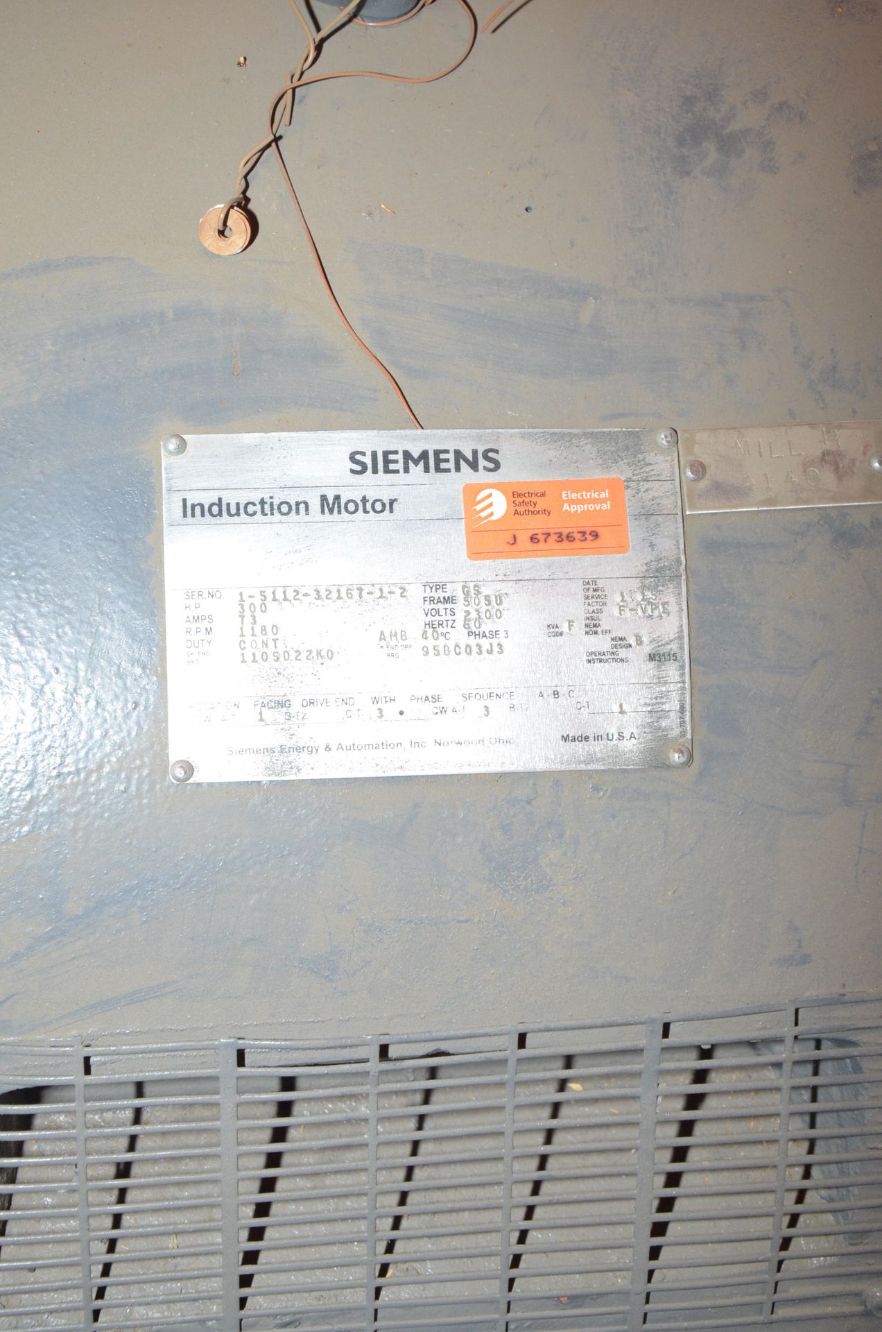 SIEMENS 500HP/1180RPM/2500V ELECTRIC MOTOR, S/N N/A [RIGGING FEES FOR LOT #1585 - $60 USD PLUS - Image 3 of 3