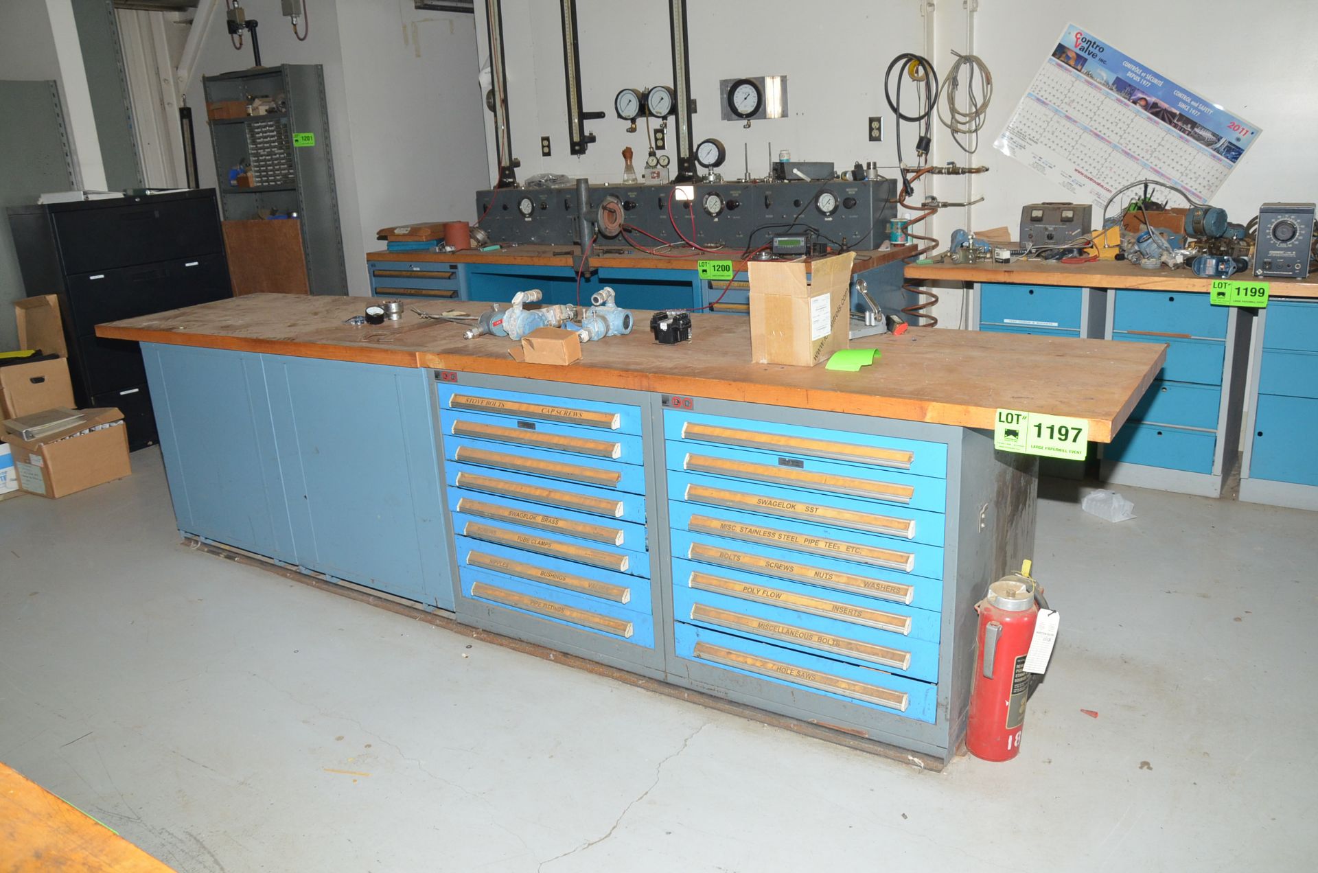 LOT/ ROUSSEAU BUTCHER BLOCK WORK BENCHES WITH CONTENTS [RIGGING FEES FOR LOT #1197 - $200 USD PLUS