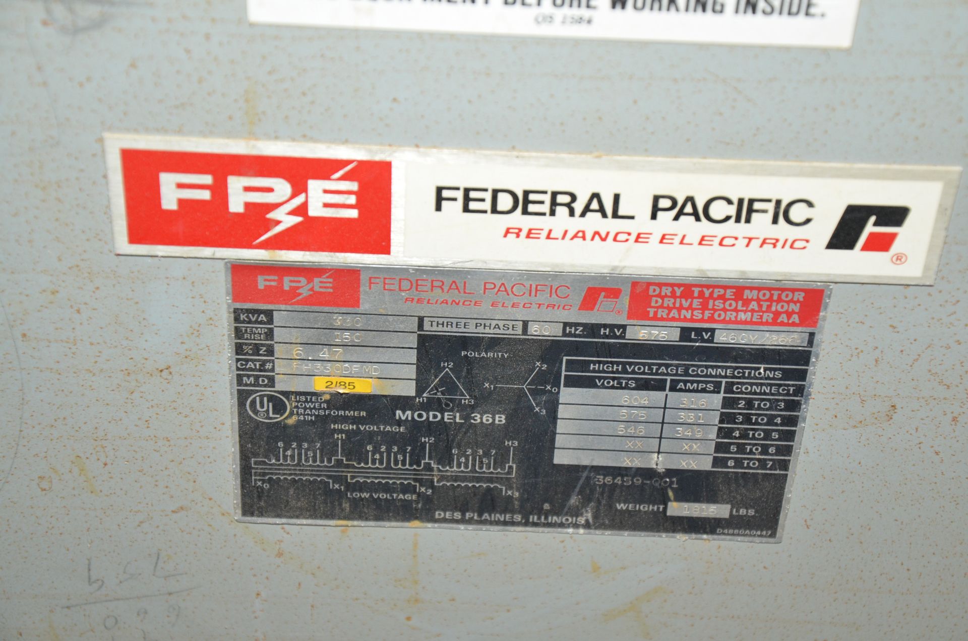 RELIANCE FEDERAL PACIFIC 330KVA/575-460/266V/3PH/60HZ DRY TYPE TRANSFORMER, S/N FH330DFMD [RIGGING - Image 3 of 3