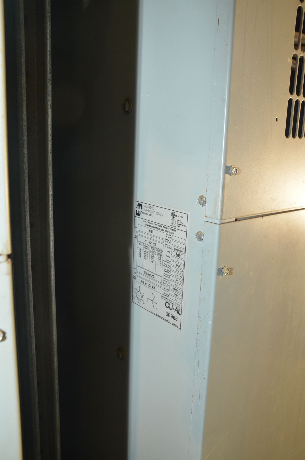 LOT/ (2) HAMMOND 500KVA/600-208/120V/3PH/60HZ DRY TYPE TRANSFORMERS, S/N N/A [RIGGING FEES FOR - Image 2 of 3