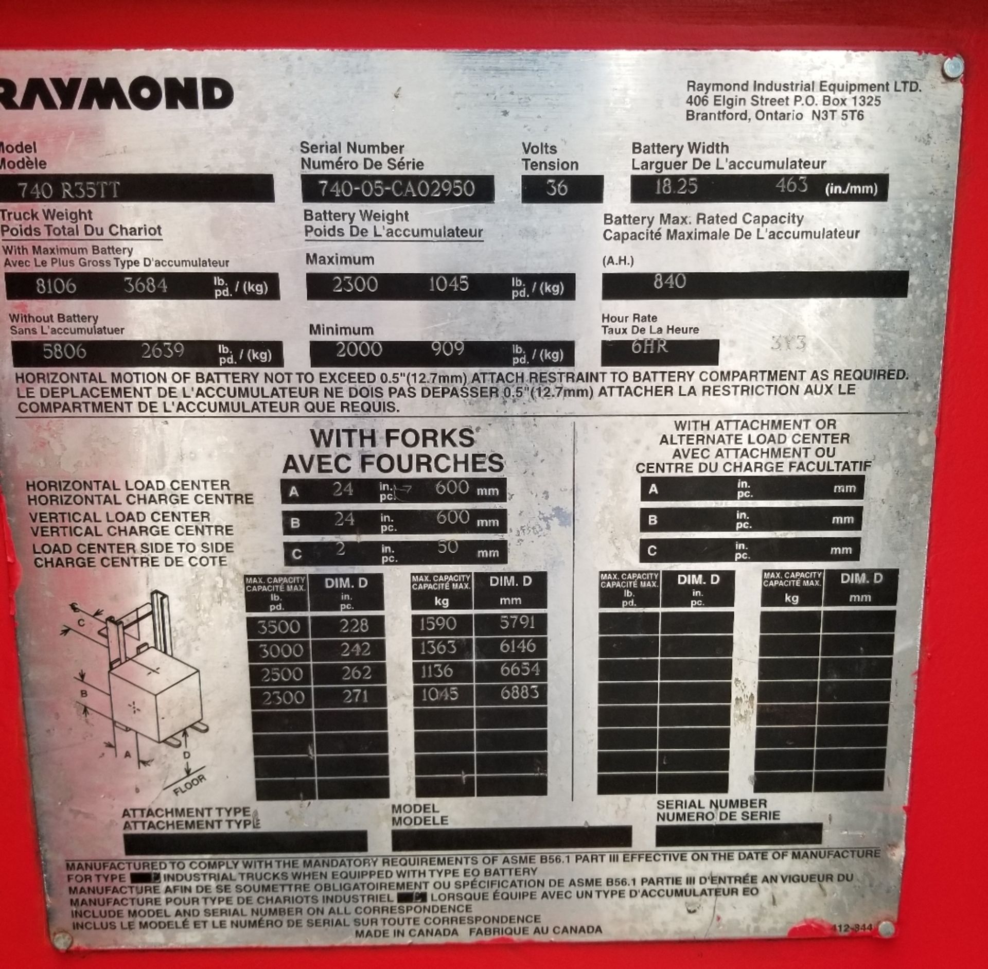 RAYMOND (2005) 740-R35TT 36V ELECTRIC REACH TRUCK WITH 3500 LB. CAPACITY, 271" MAX. VERTICAL LIFT, - Image 6 of 7