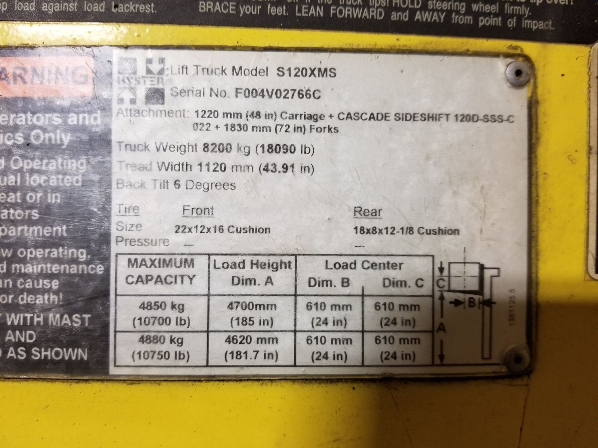 HYSTER (2005) S120XMS LPG FORKLIFT WITH 10,700 LB. CAPACITY, 185" MAX. VERTICAL LIFT, SIDE SHIFT, - Image 2 of 2