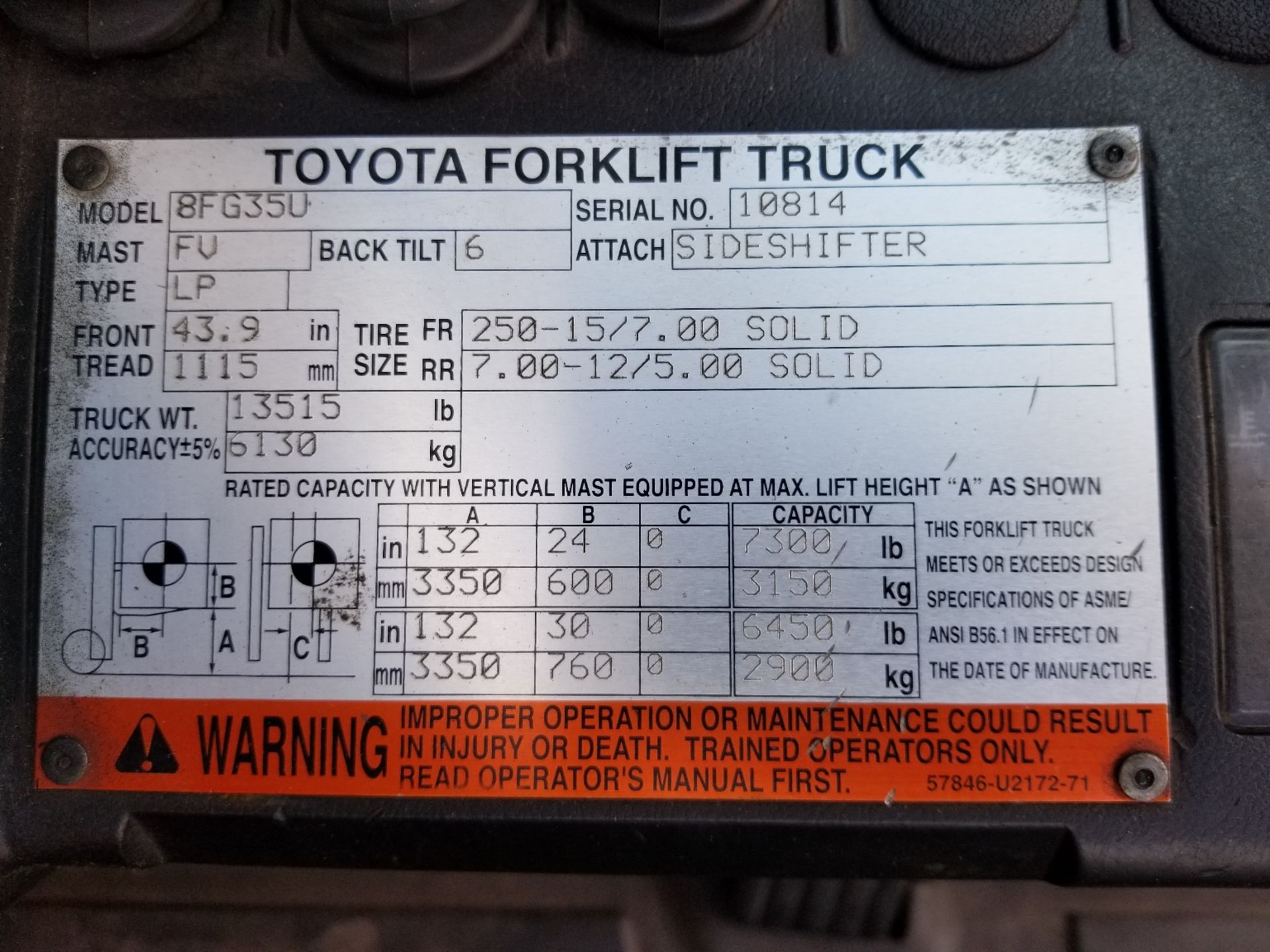 TOYOTA (2014) 8FG35U LPG FORKLIFT WITH 8000 LB. CAPACITY, 132" MAX. VERTICAL LIFT, SIDE SHIFT, - Image 3 of 3