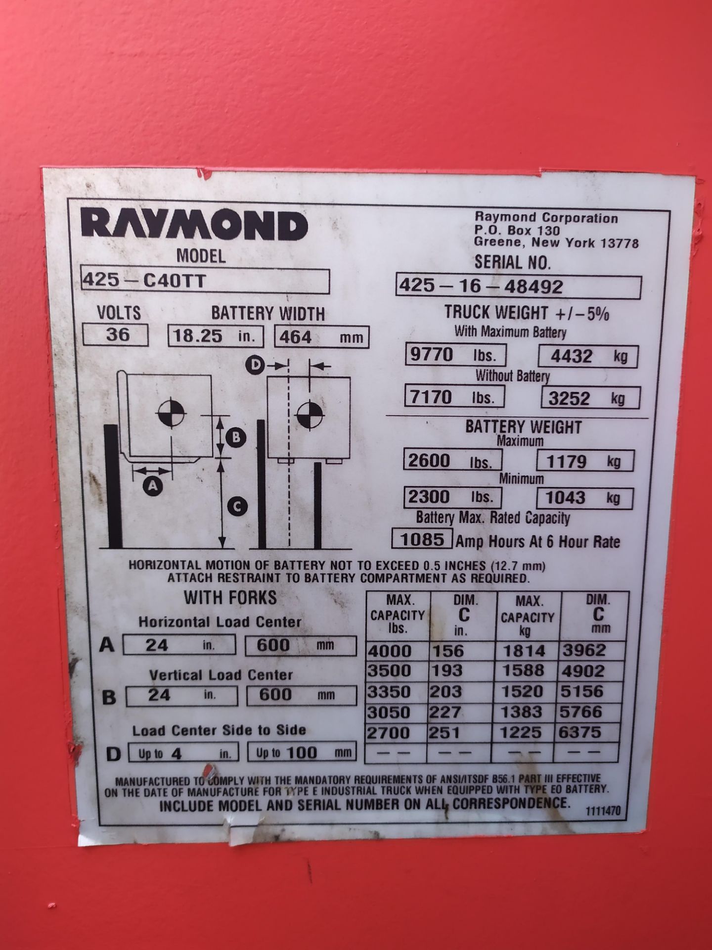 RAYMOND (2016) 4250-C40TT 36V ELECTRIC REACH TRUCK WITH 4000 LB. CAPACITY, 224" MAX. VERTICAL - Image 7 of 7