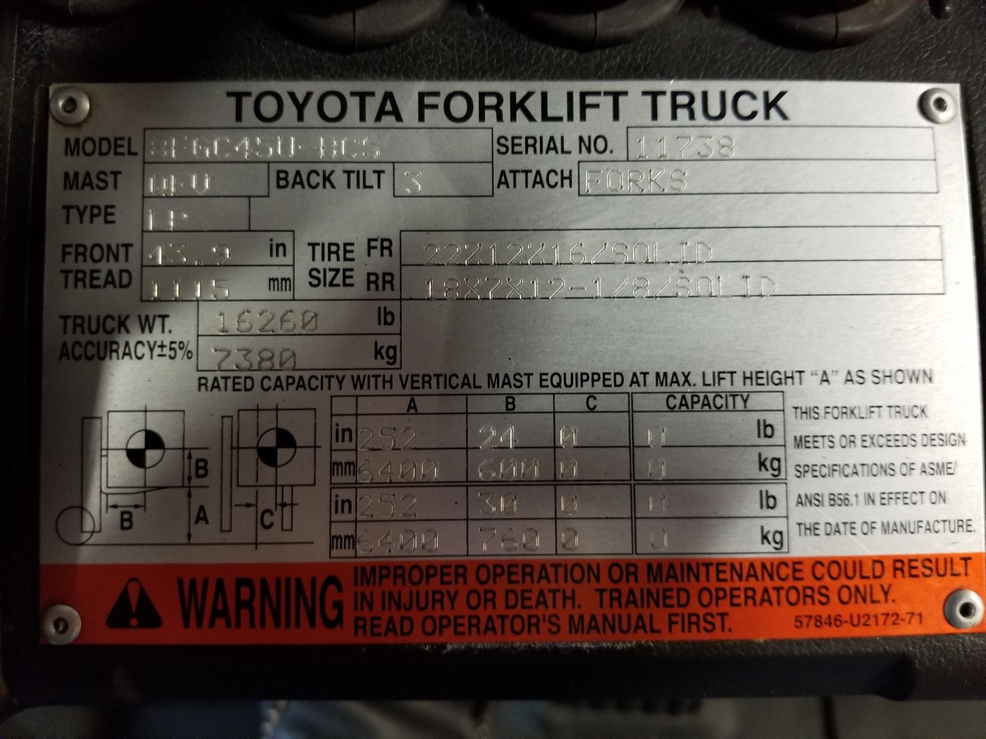 TOYOTA (2015) 8FGC45U LPG FORKLIFT WITH 10,000 LB. CAPACITY, 252" MAX. VERTICAL LIFT, SIDE SHIFT, - Image 6 of 6