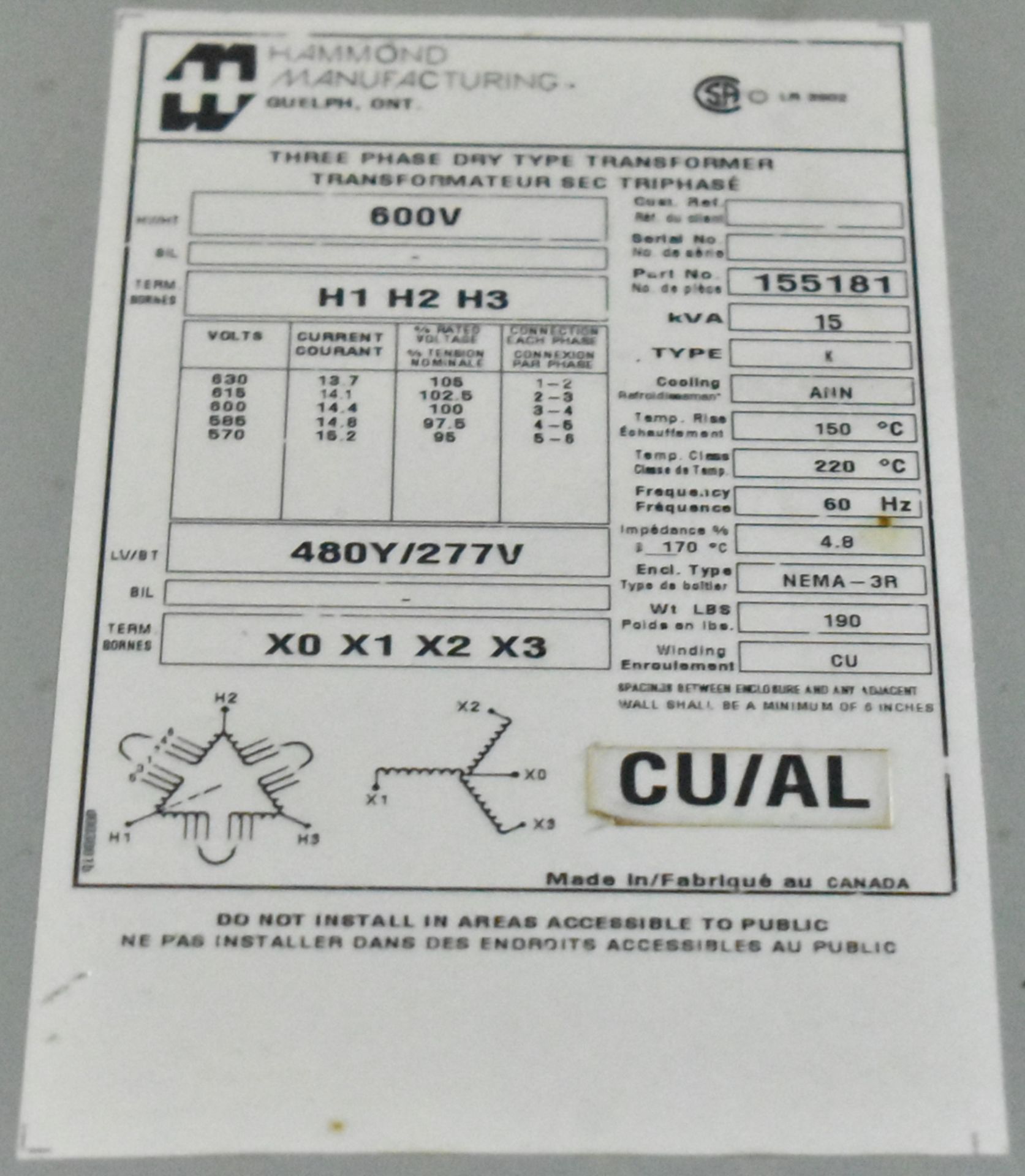 HAMMOND TRANSFORMER WITH 15 KVA, 480Y/227LV, 600HV, 3 PH (CI) [RIGGING FEES FOR LOT #8A - $50 - Image 2 of 2