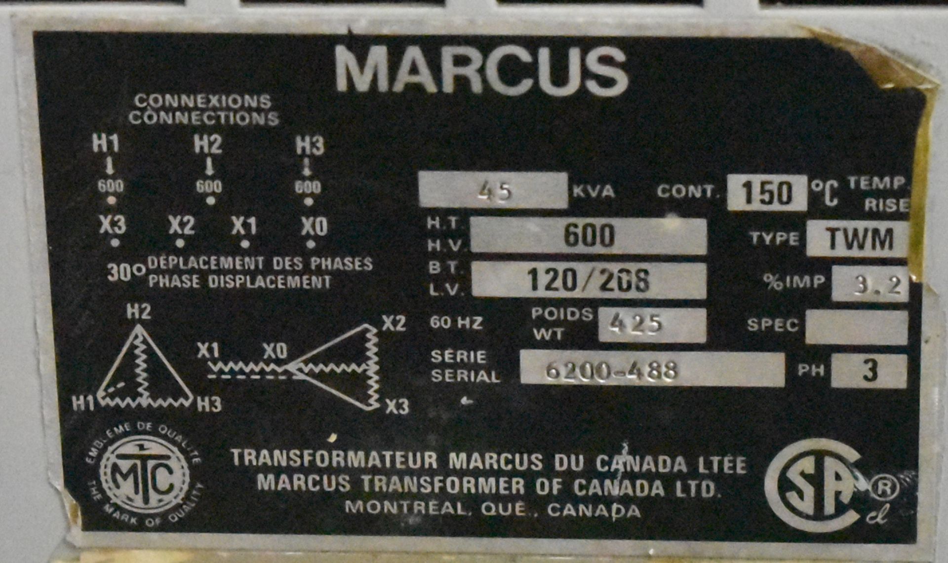 MARCUS TRANSFORMER WITH 45 KVA, 120/208LV, 600HV, 3 PH (CI) (LOCATED IN KITCHENER, ON) - Image 2 of 2
