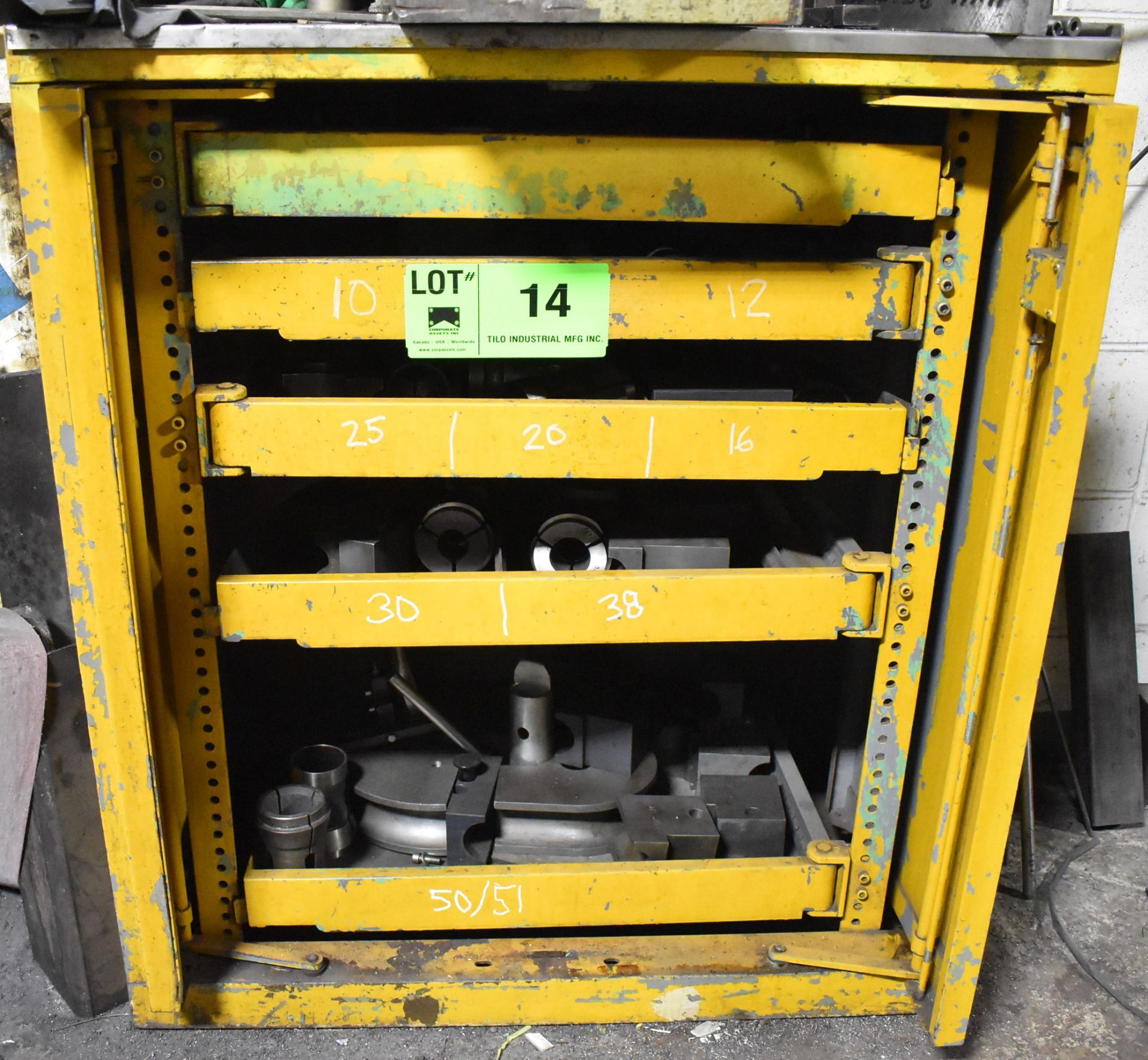 LOT/ CABINET WITH PIPE BENDER TOOLING - COLLETS AND DIES: OD 0.23"X0.039" WALL TO OD 1.5"X0.11" WALL