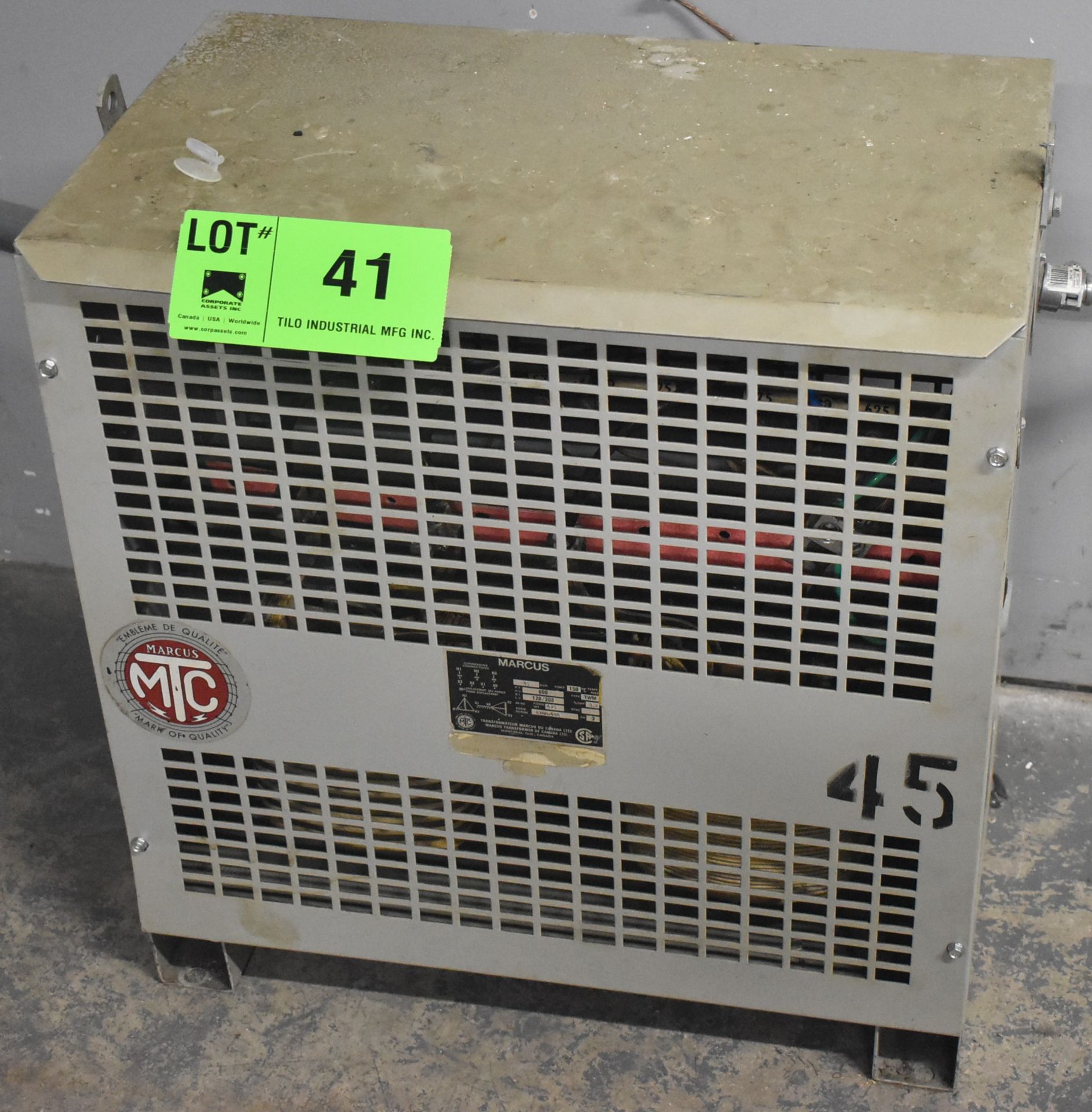 MARCUS TRANSFORMER WITH 45 KVA, 120/208LV, 600HV, 3 PH (CI) (LOCATED IN KITCHENER, ON)