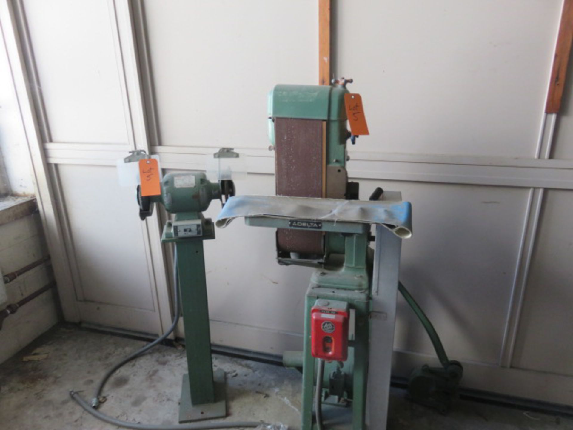 LOT/ DELTA VERTICAL BELT SANDER WITH DOUBLE END PEDESTAL GRINDER [RIGGING FEES FOR LOT #5 - $50